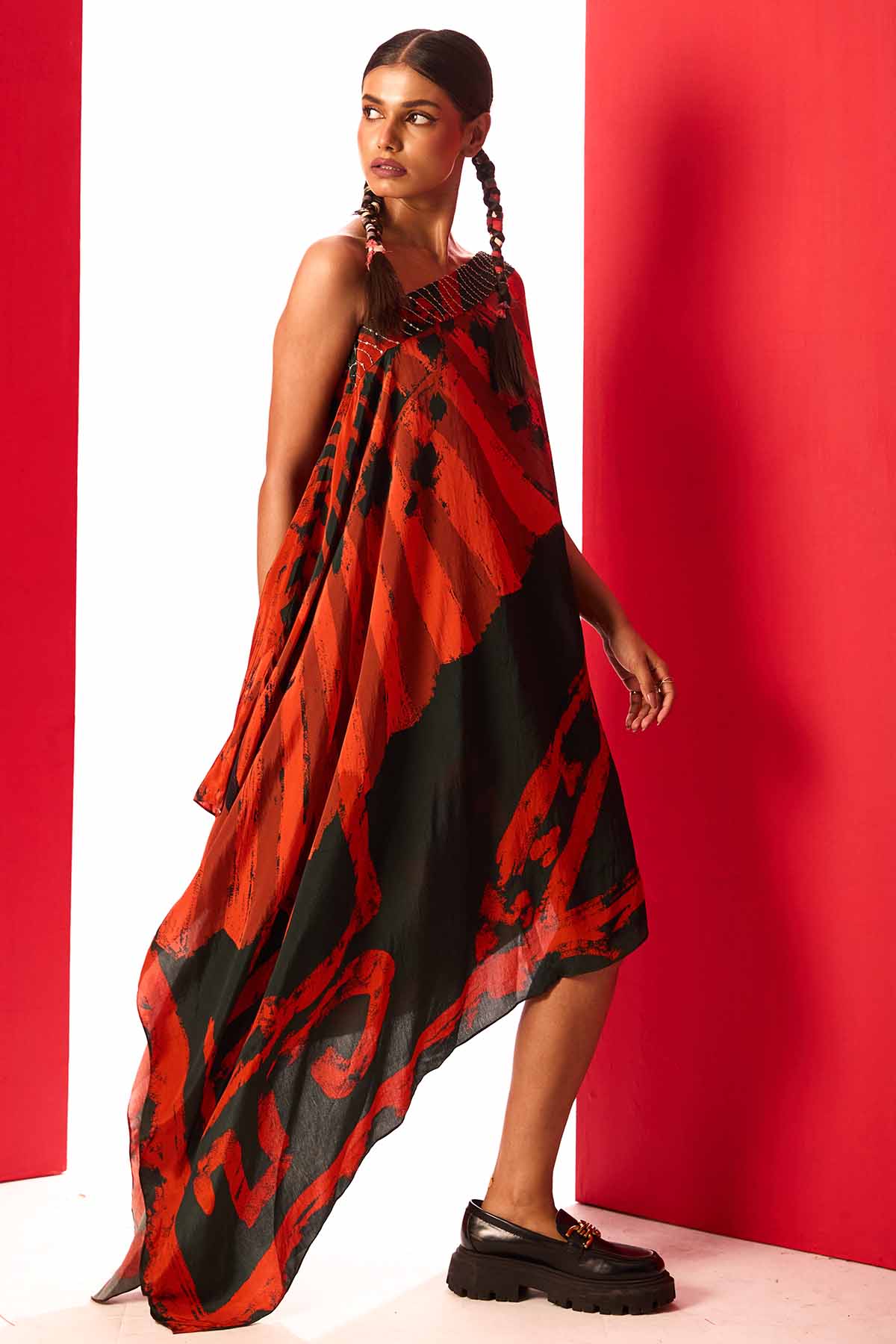 Red & Black One Shoulder Dress