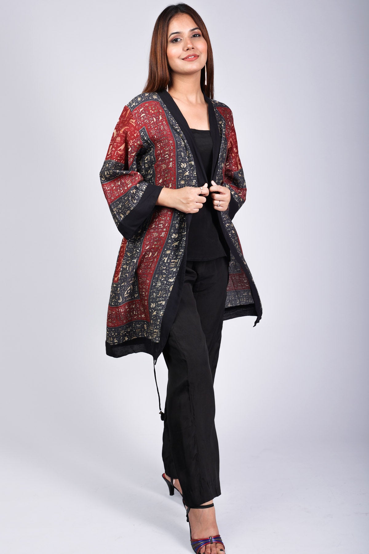 Red & Black Printed Shrug Set