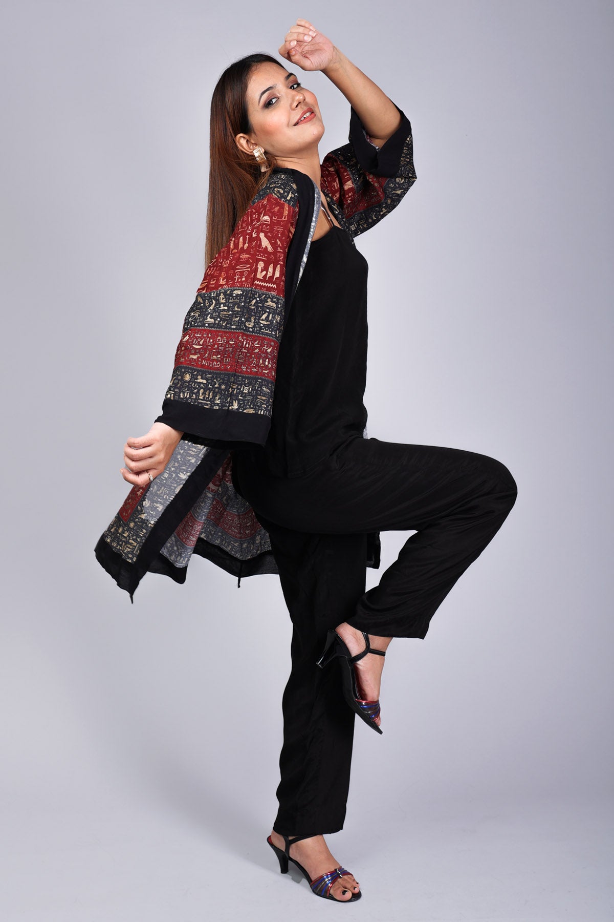 Red & Black Printed Shrug Set
