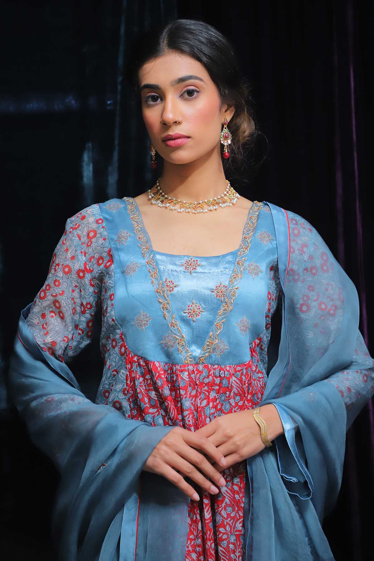 Red & Blue Printed Kurta Set