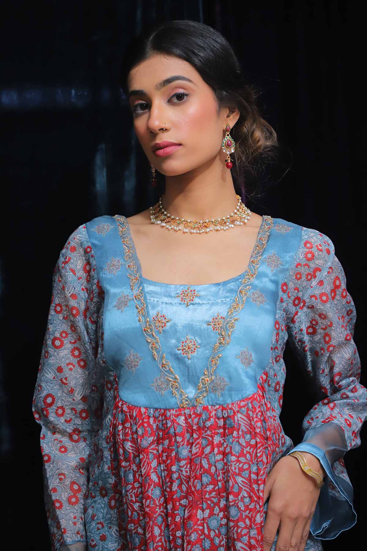 Red & Blue Printed Kurta Set