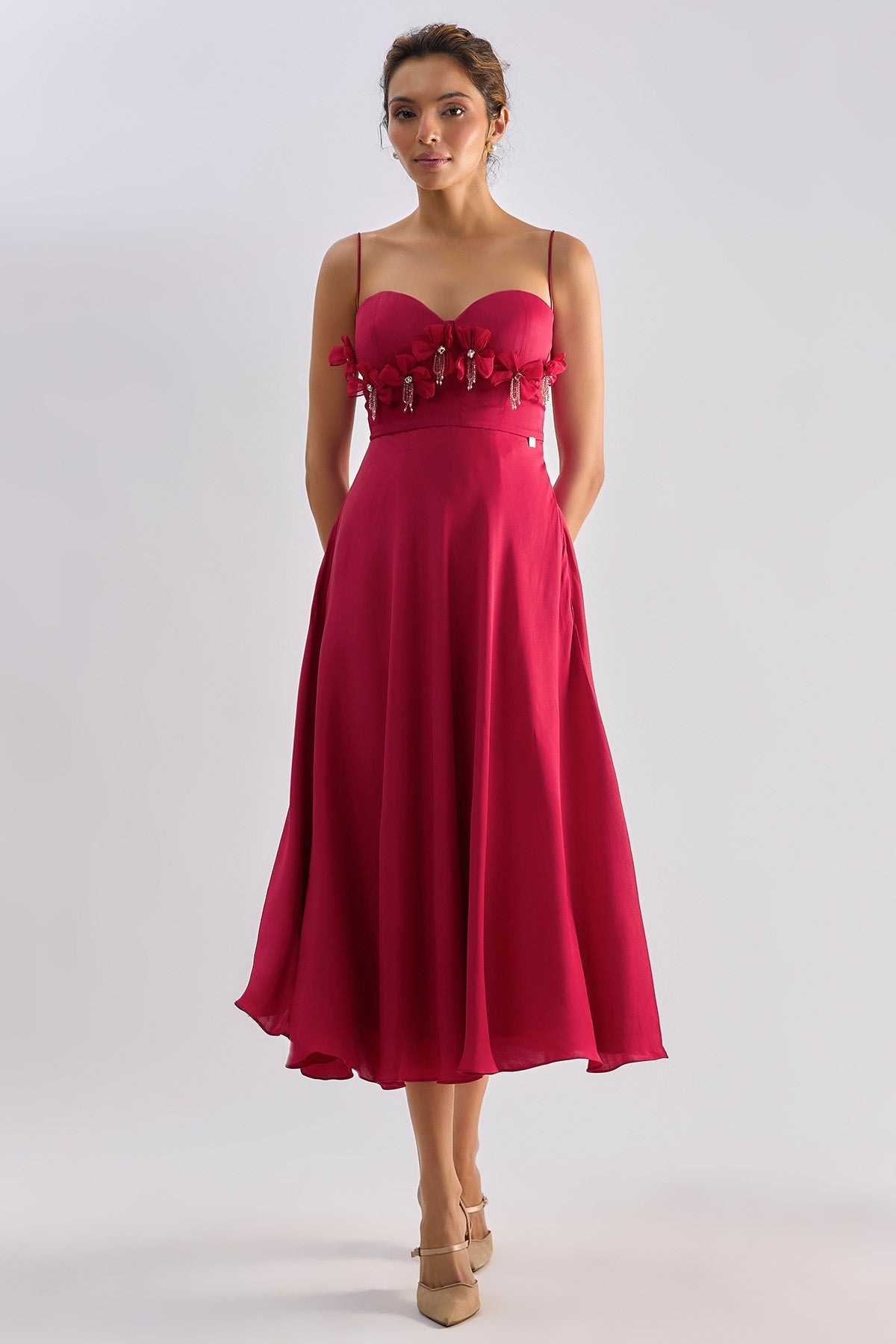 Buy Red Bow Detailed Flayered Dress for women by Emblaze online available at scrollnshops