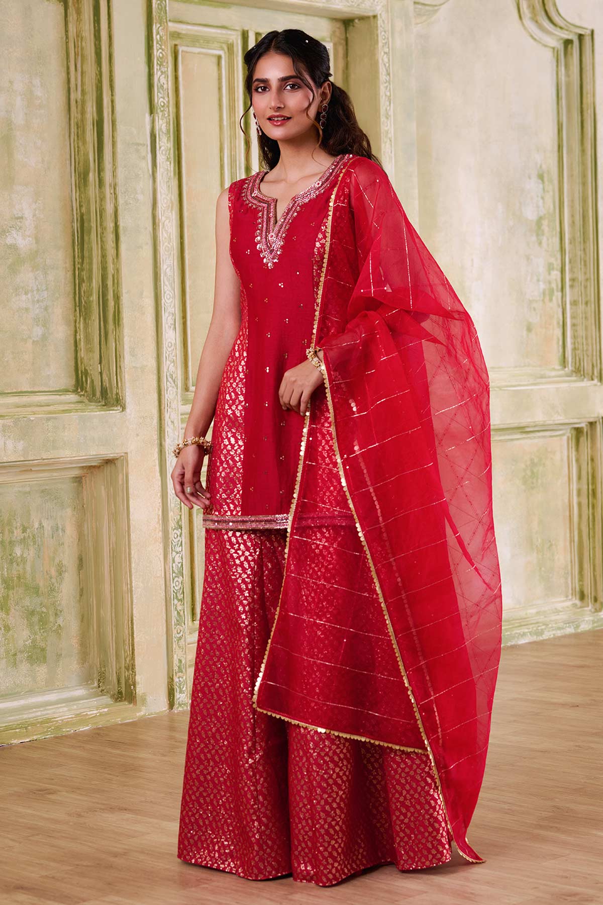 Buy Red Brocade Chanderi Kurta Set for women by Mudita by Urmila online available at scrollnshops