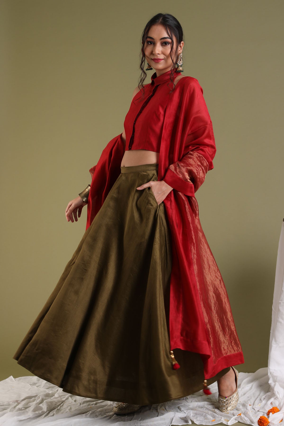 Red & Brown Chanderi Lehenga Set