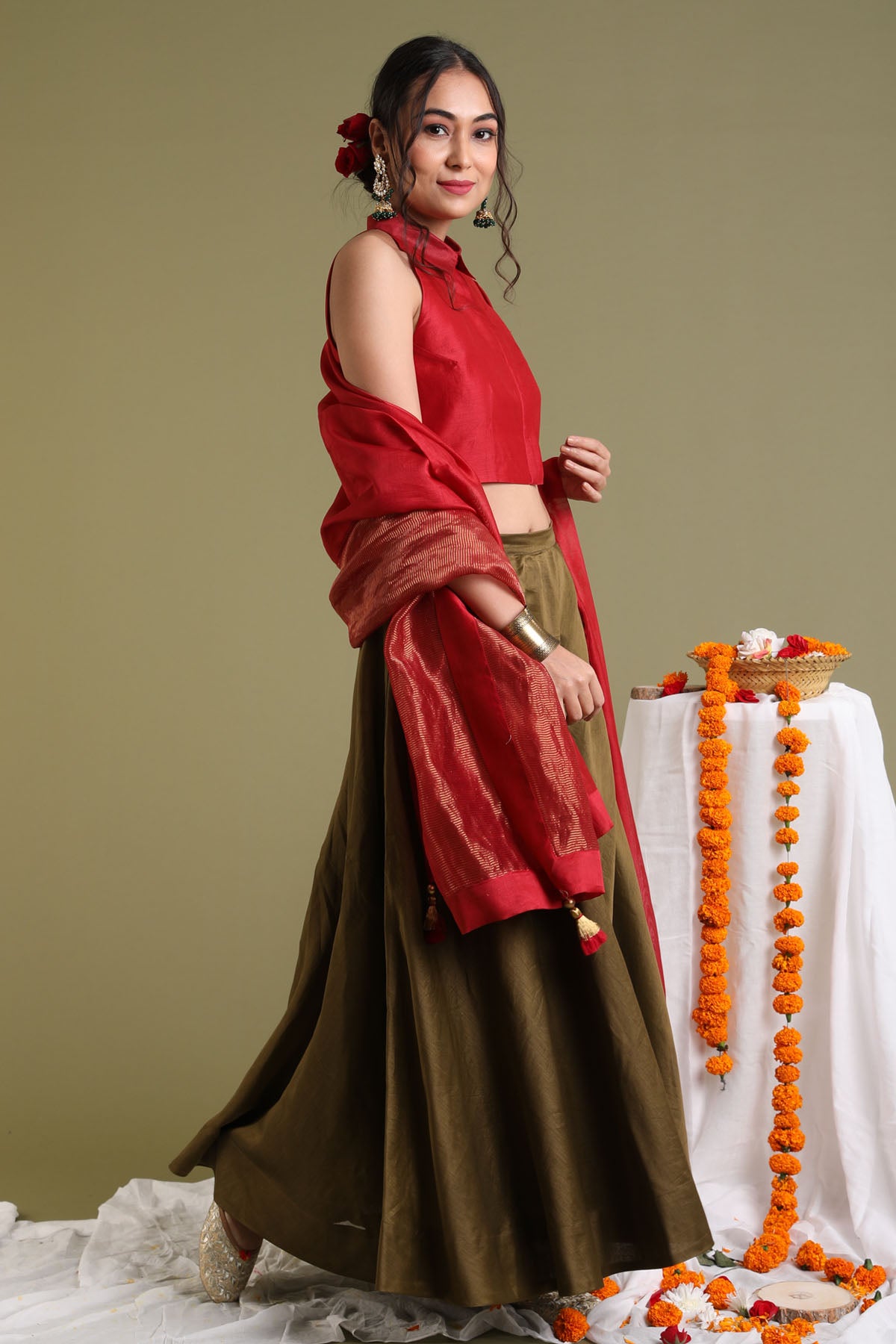 Red & Brown Chanderi Lehenga Set