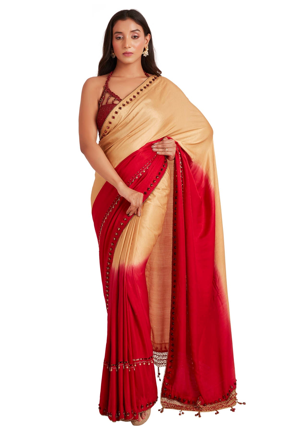 Vastra by Mala Munde Red & Brown Embroidered Saree for women online at ScrollnShops