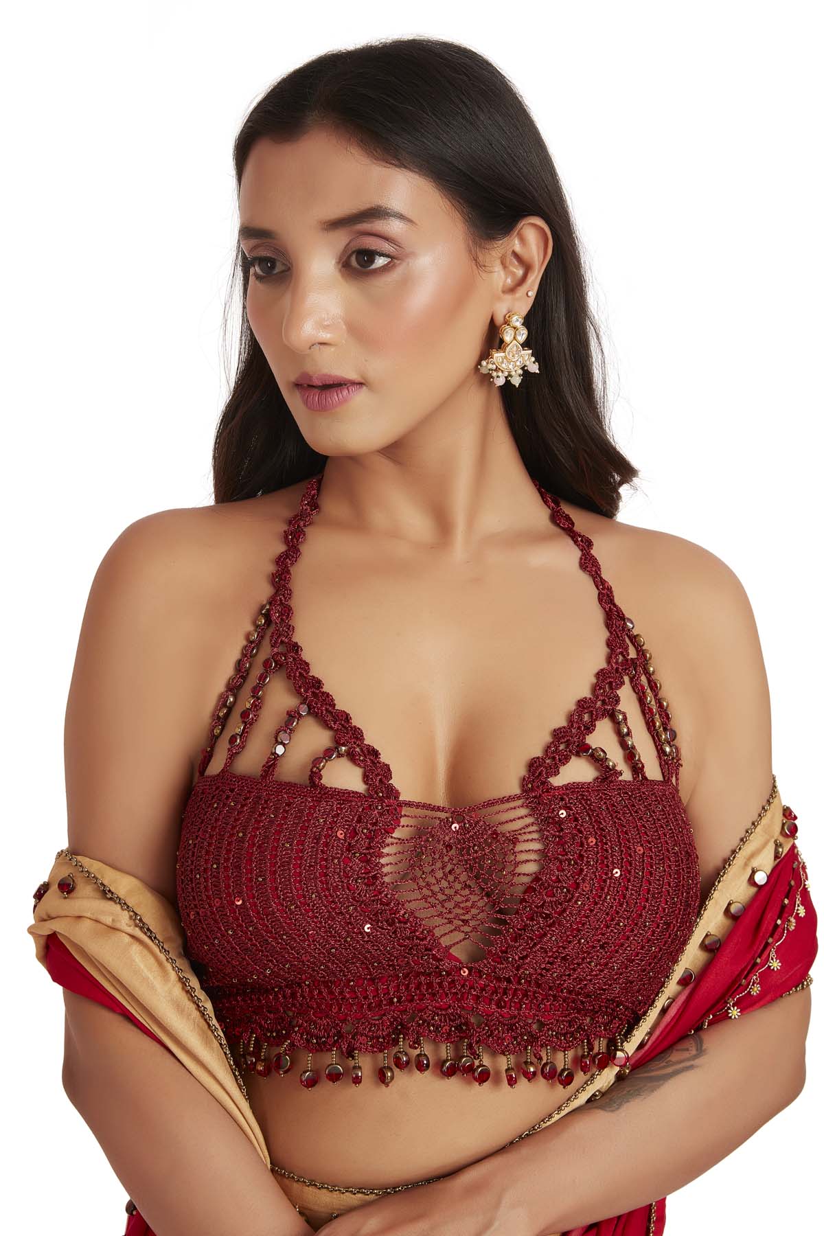 Red & Brown Embroidered Saree