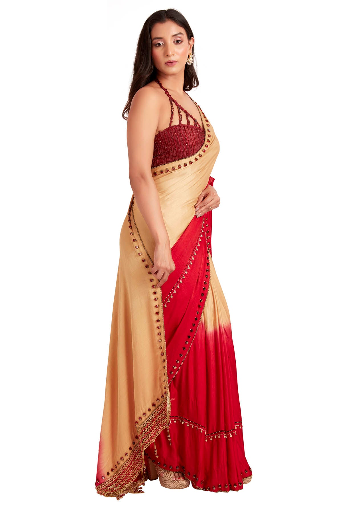 Red & Brown Embroidered Saree