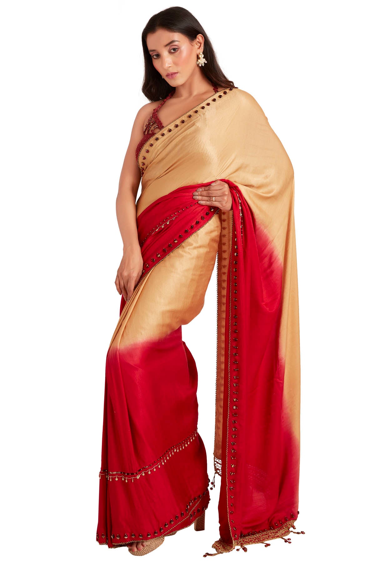 Red & Brown Embroidered Saree