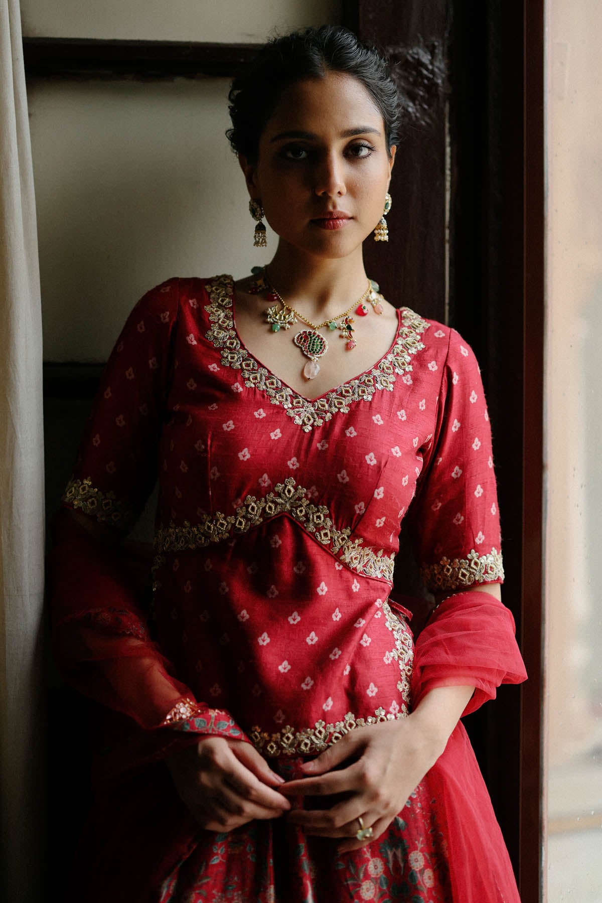 Red Butti Printed Lehenga Set