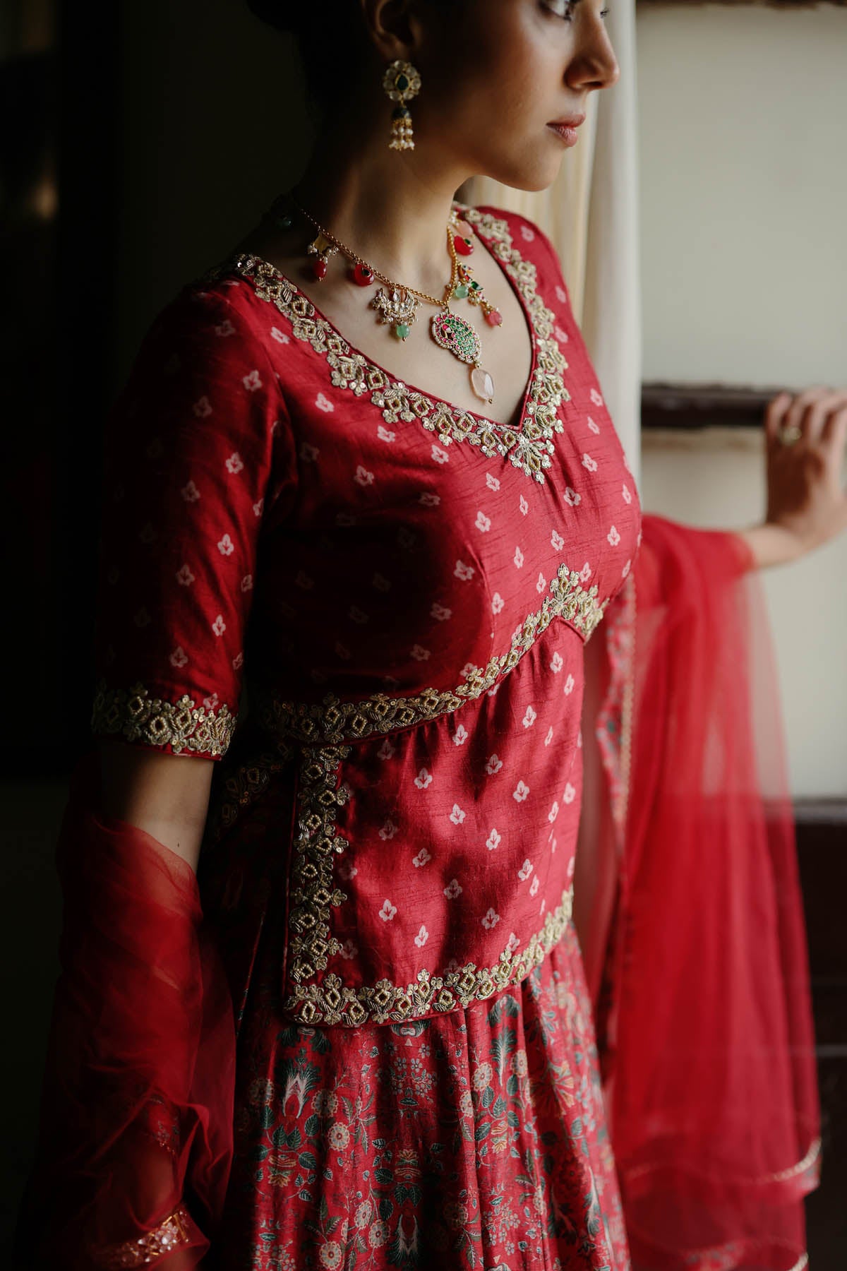 Red Butti Printed Lehenga Set