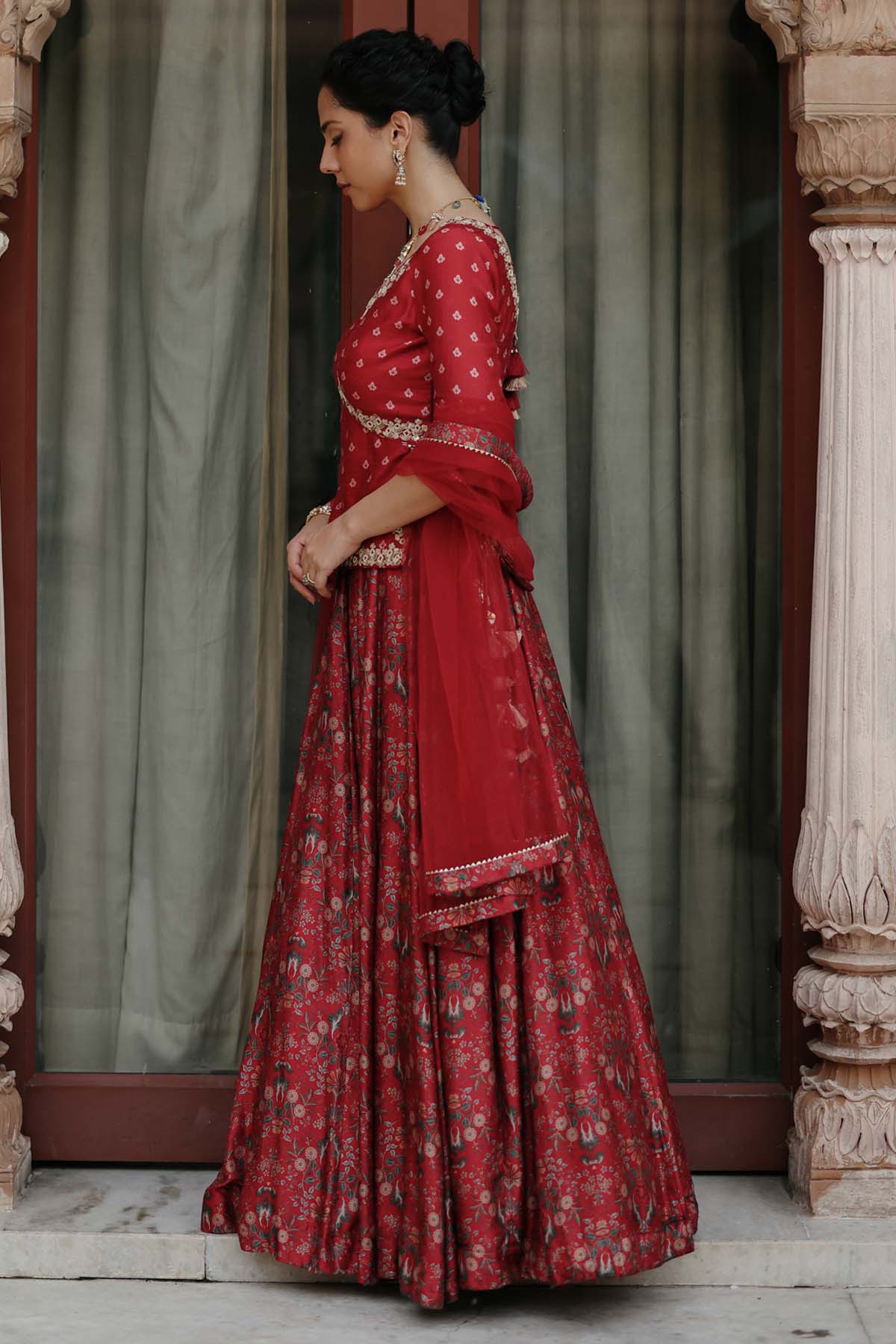 Red Butti Printed Lehenga Set