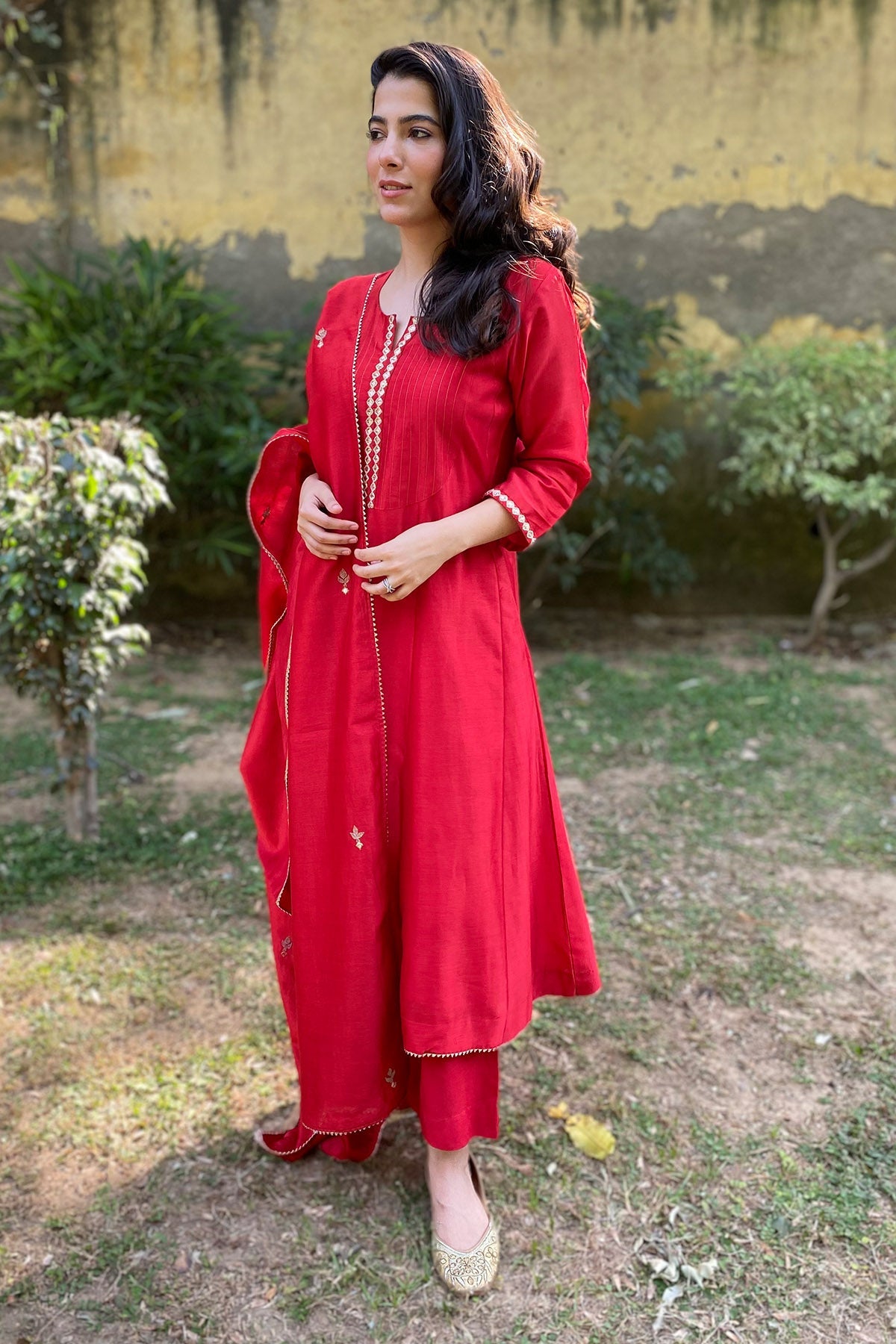 Buy Red Chanderi Detailing Anarkali for women by The Hemming Bird online available at scrollnshops