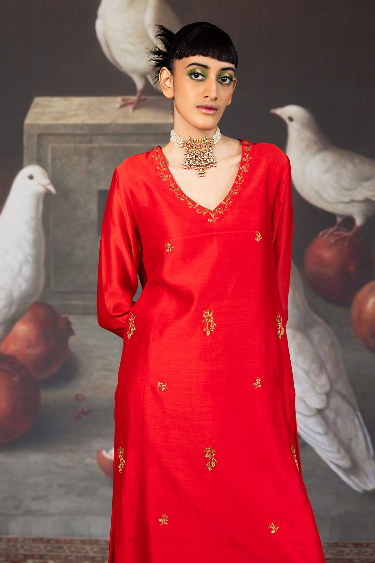 Red Chanderi Embroidered Kurta
