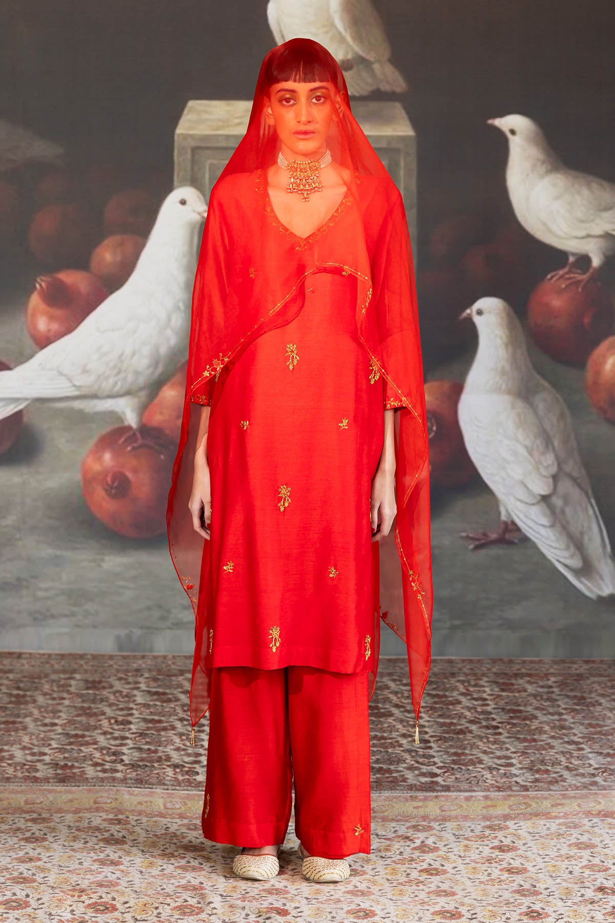 Red Chanderi Embroidered Kurta