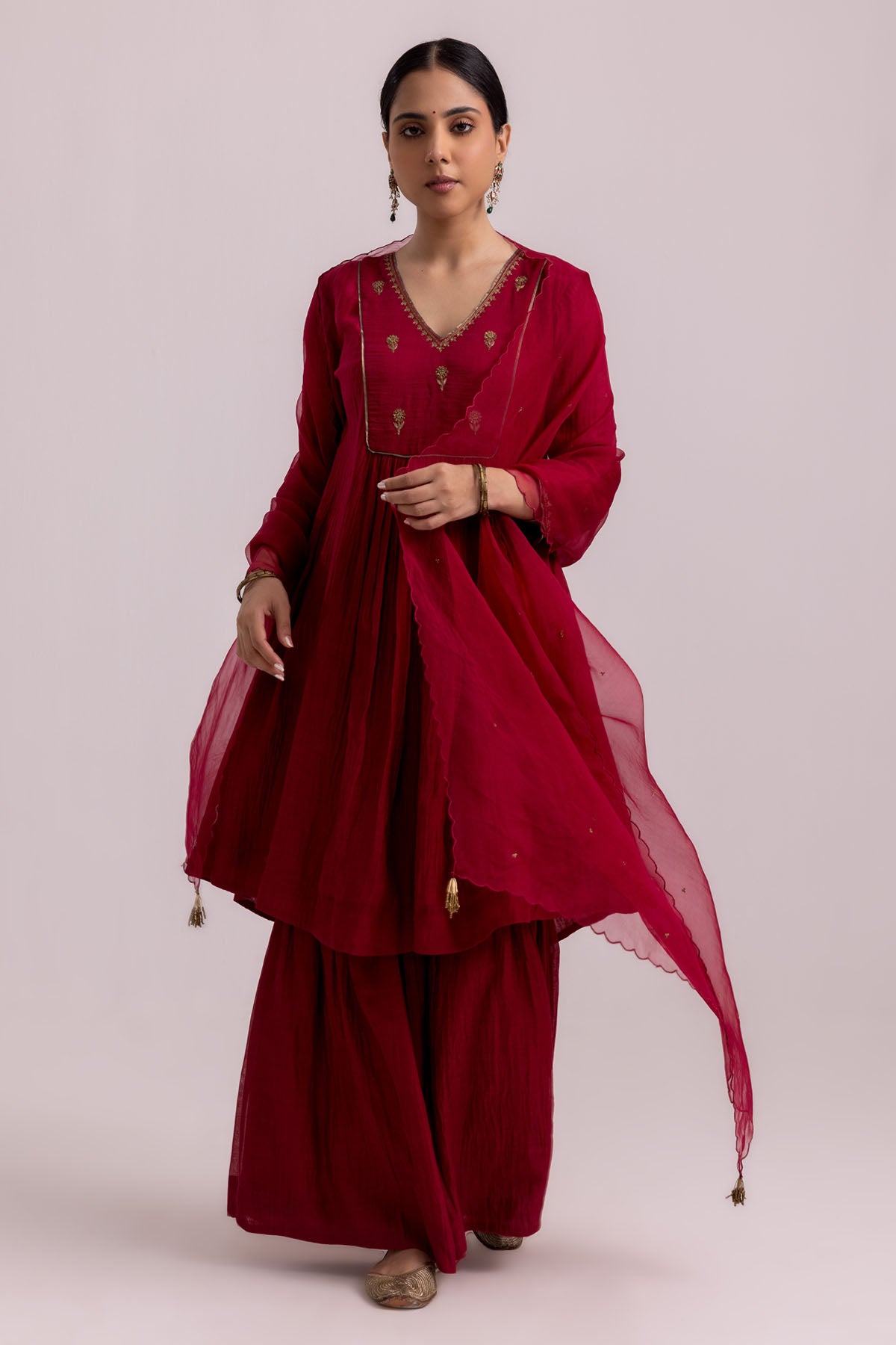 Red Chanderi Flared Kurta Set