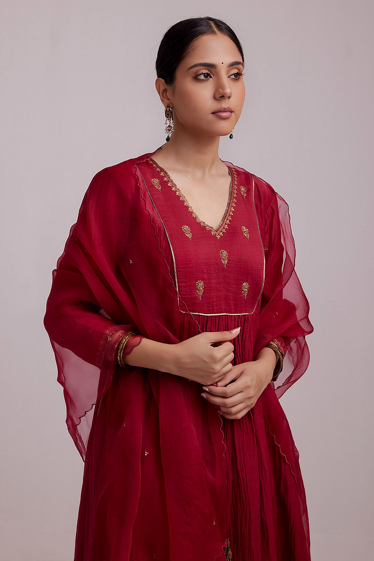 Red Chanderi Flared Kurta Set