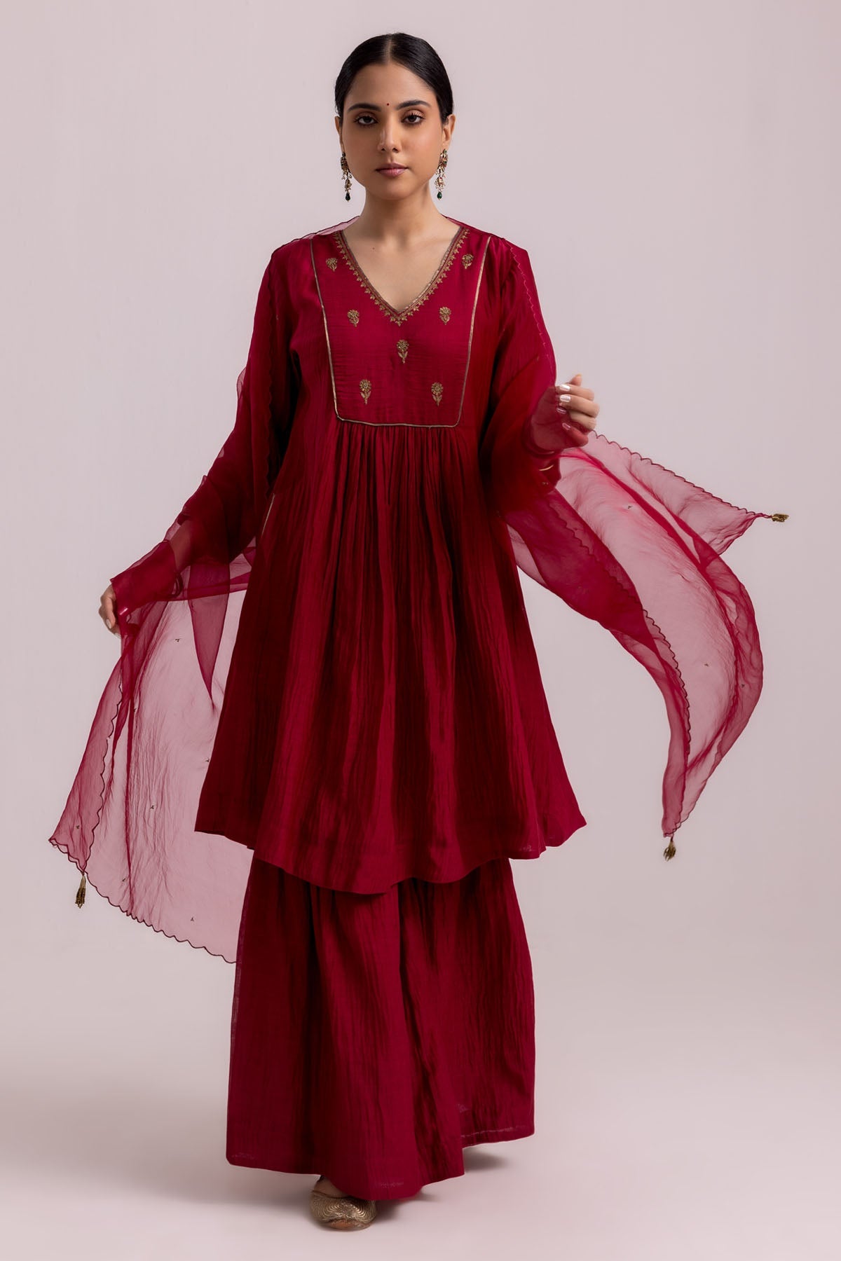 Buy Designer Red Chanderi Flared Kurta Set Online at ScrollnShops