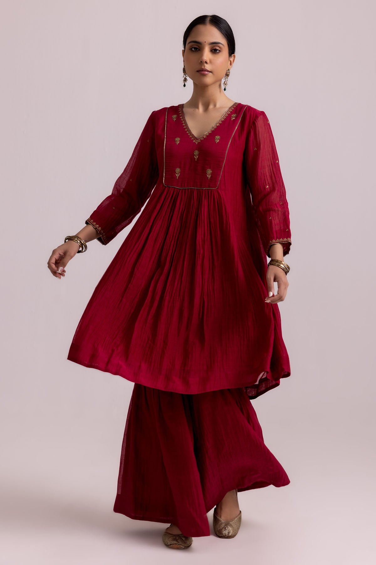 Red Chanderi Flared Kurta Set