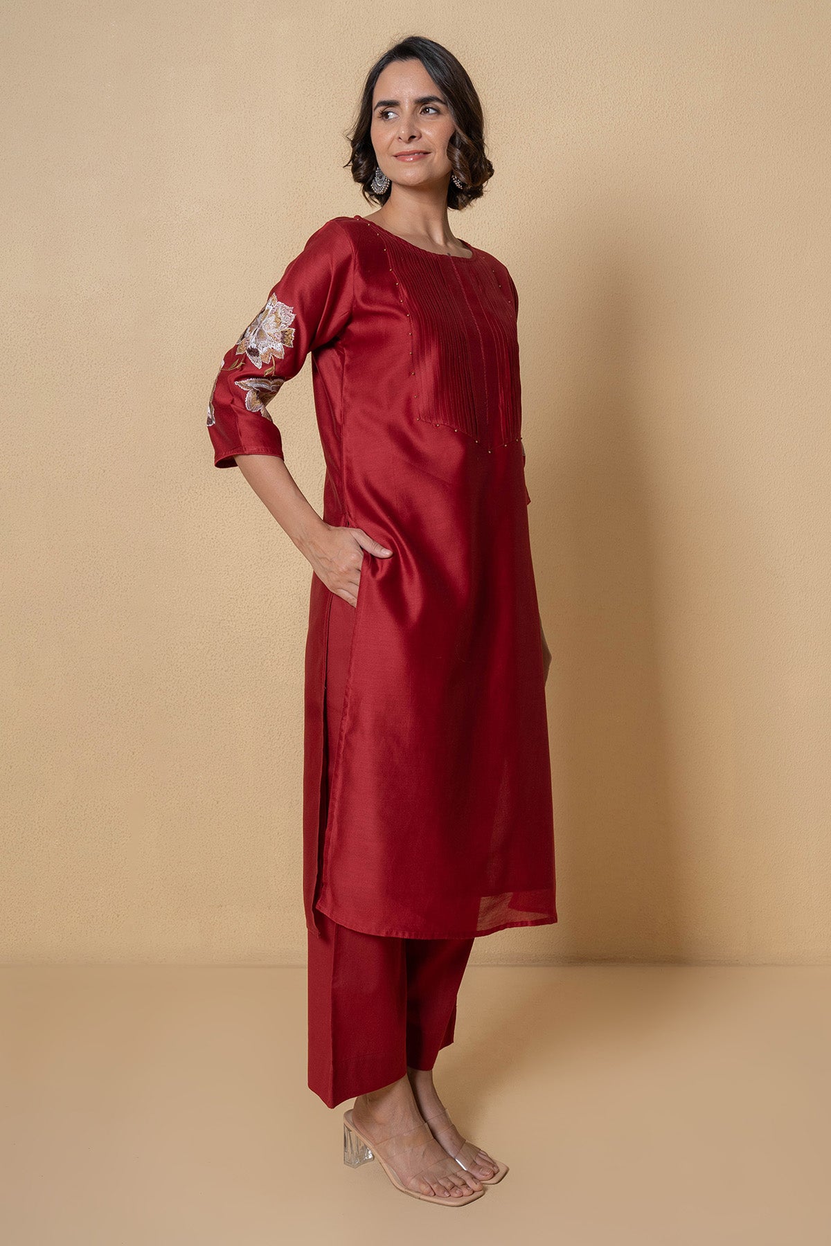 Red Chanderi Floral Kurta Set