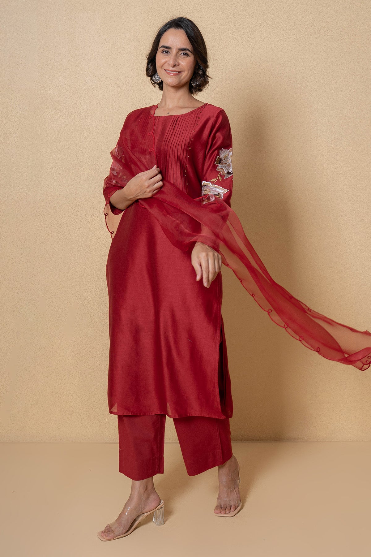 Red Chanderi Floral Kurta Set