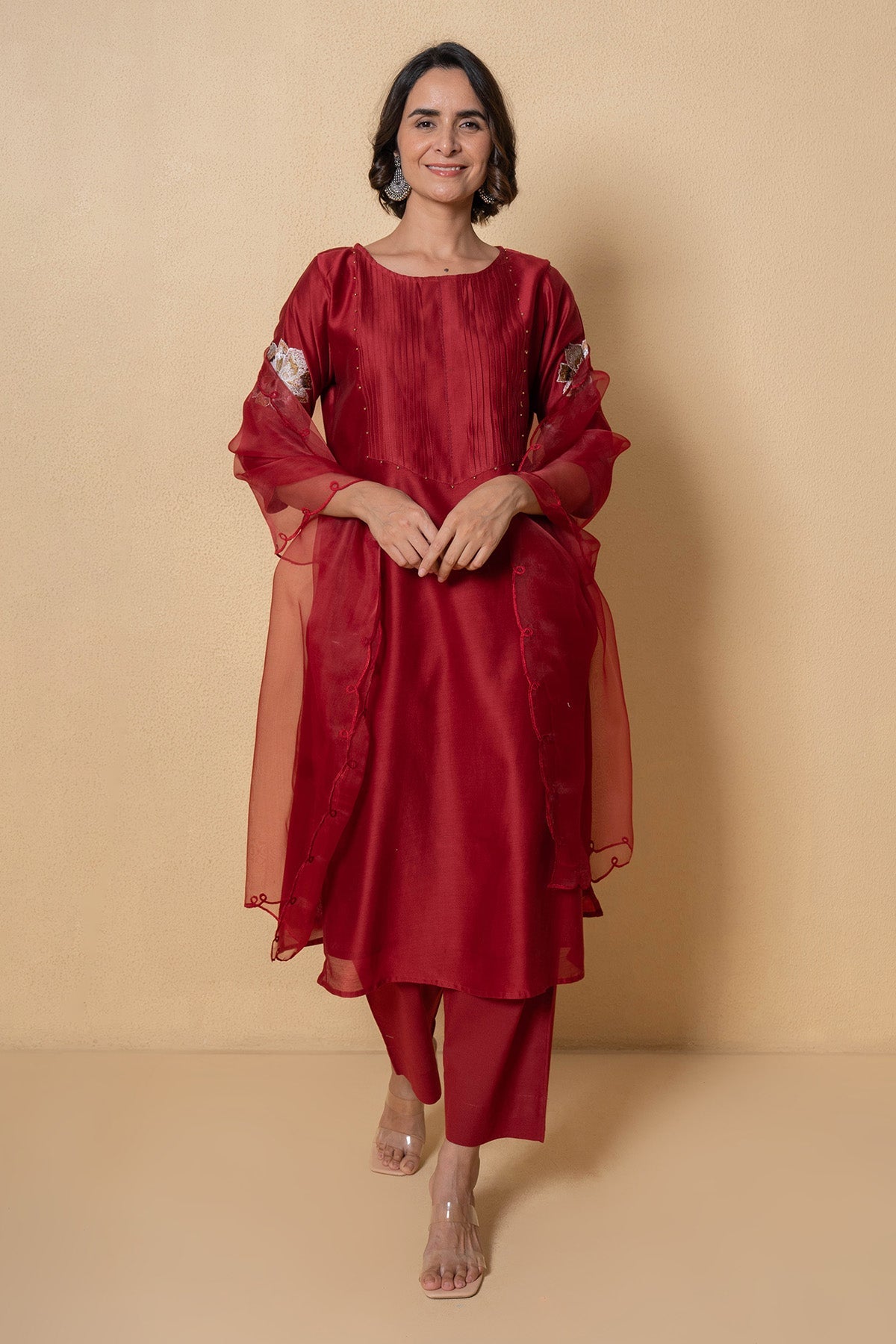 Buy Red Chanderi Floral Kurta Set for Women Online at ScrollnShops