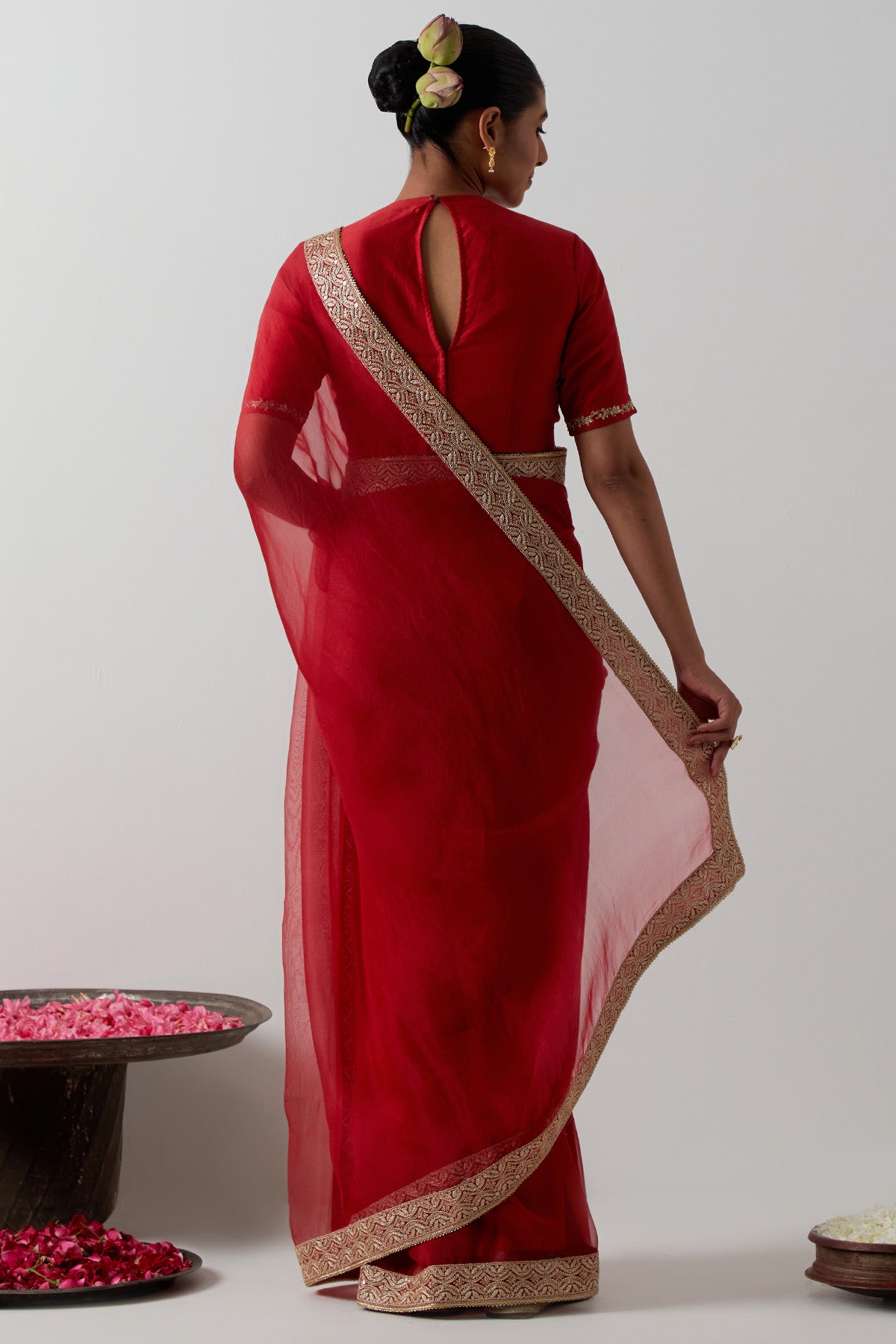 Red Chanderi Floral Saree Set