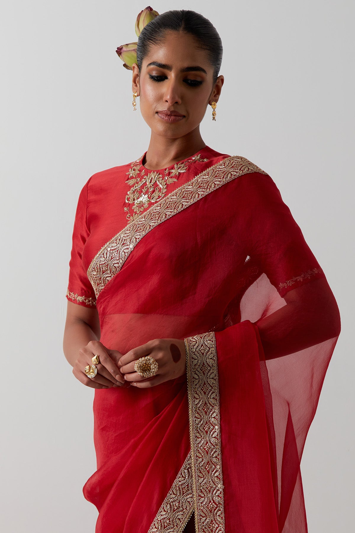 Red Chanderi Floral Saree Set