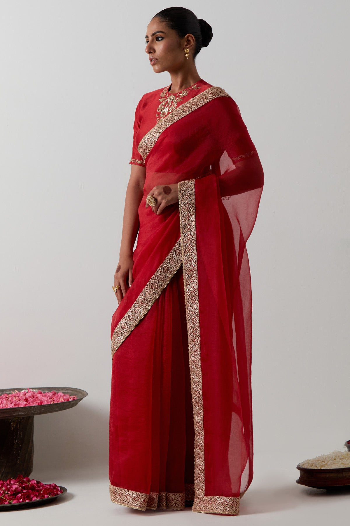 Red Chanderi Floral Saree Set