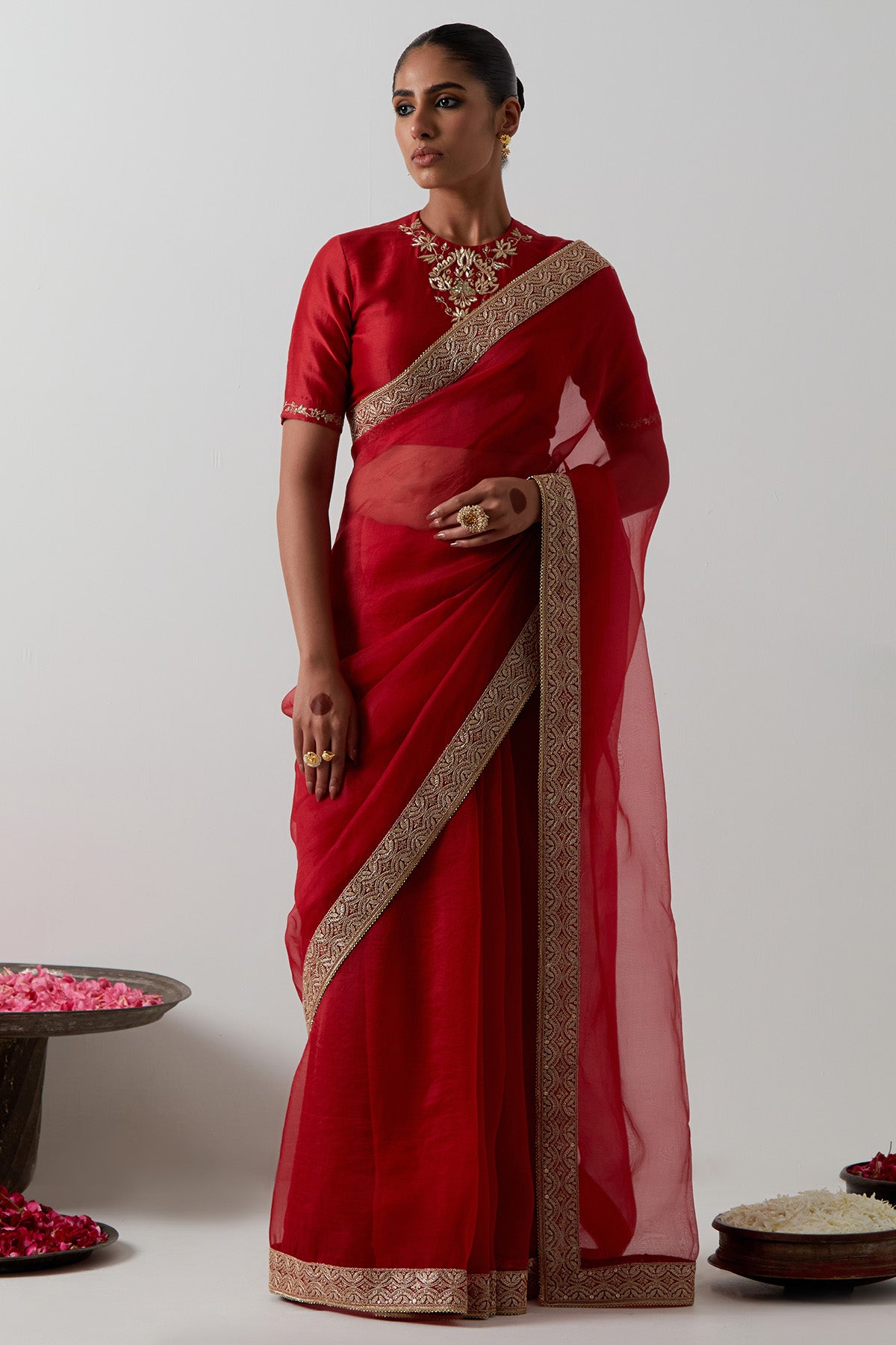 Red Chanderi Floral Saree Set