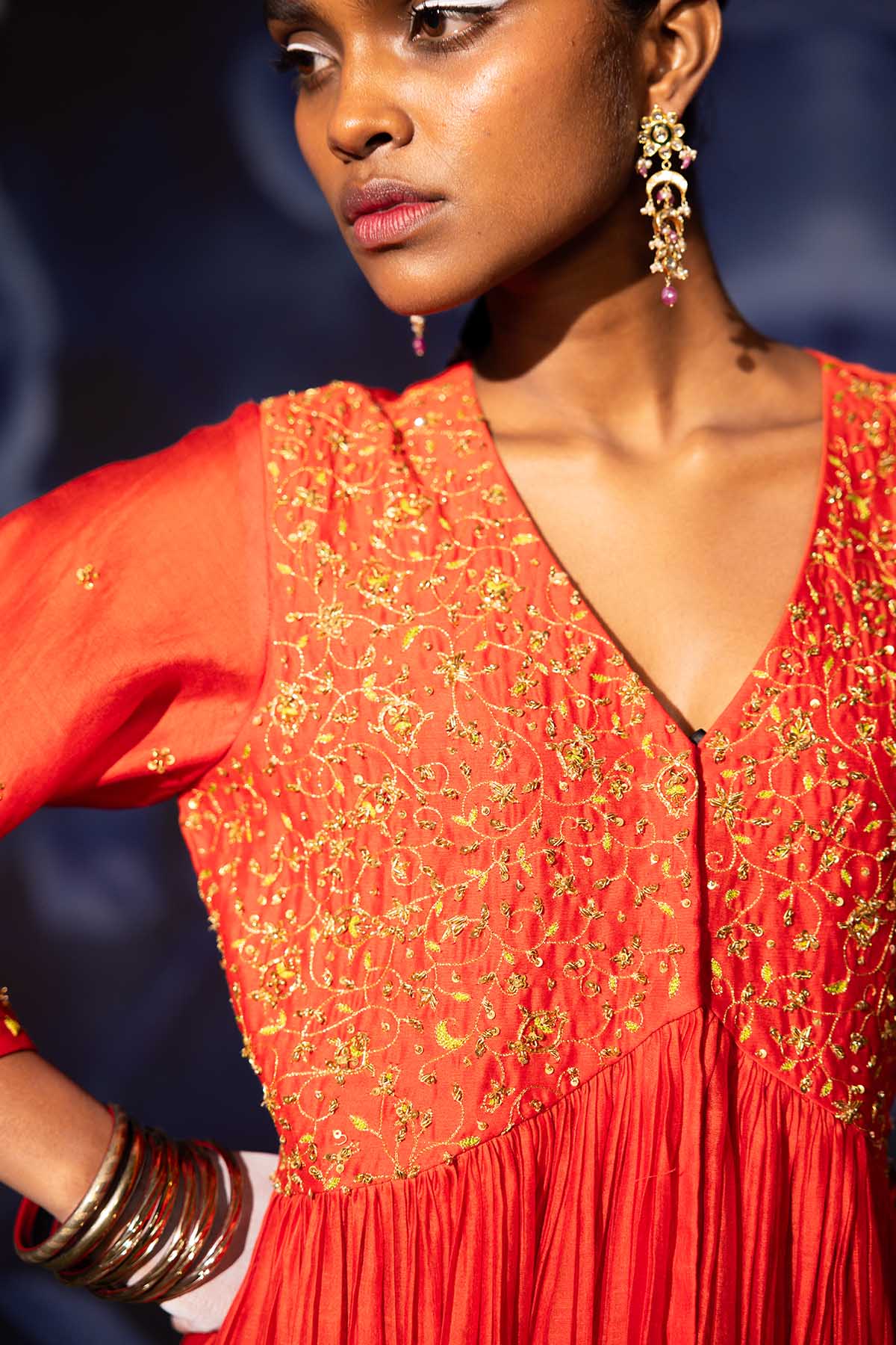 Red Chanderi Gathered Anarkali