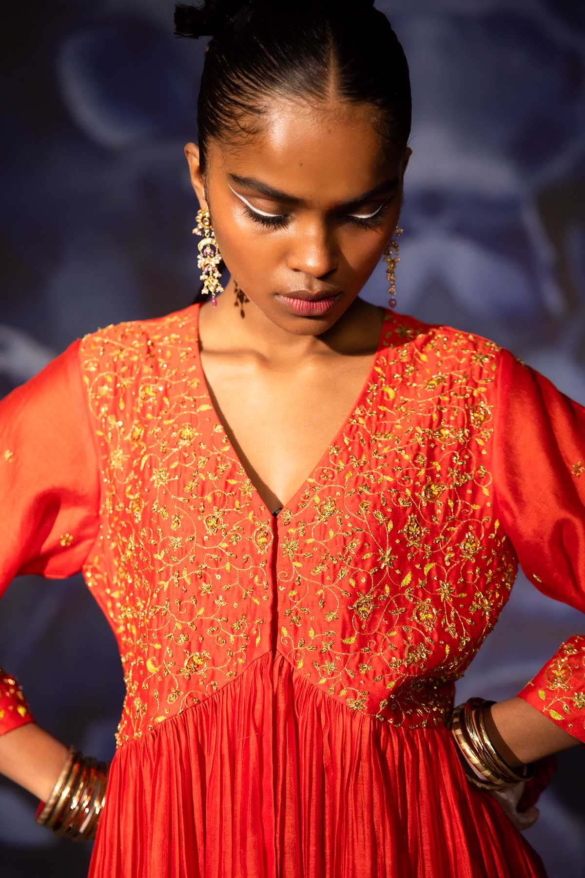 Red Chanderi Gathered Anarkali