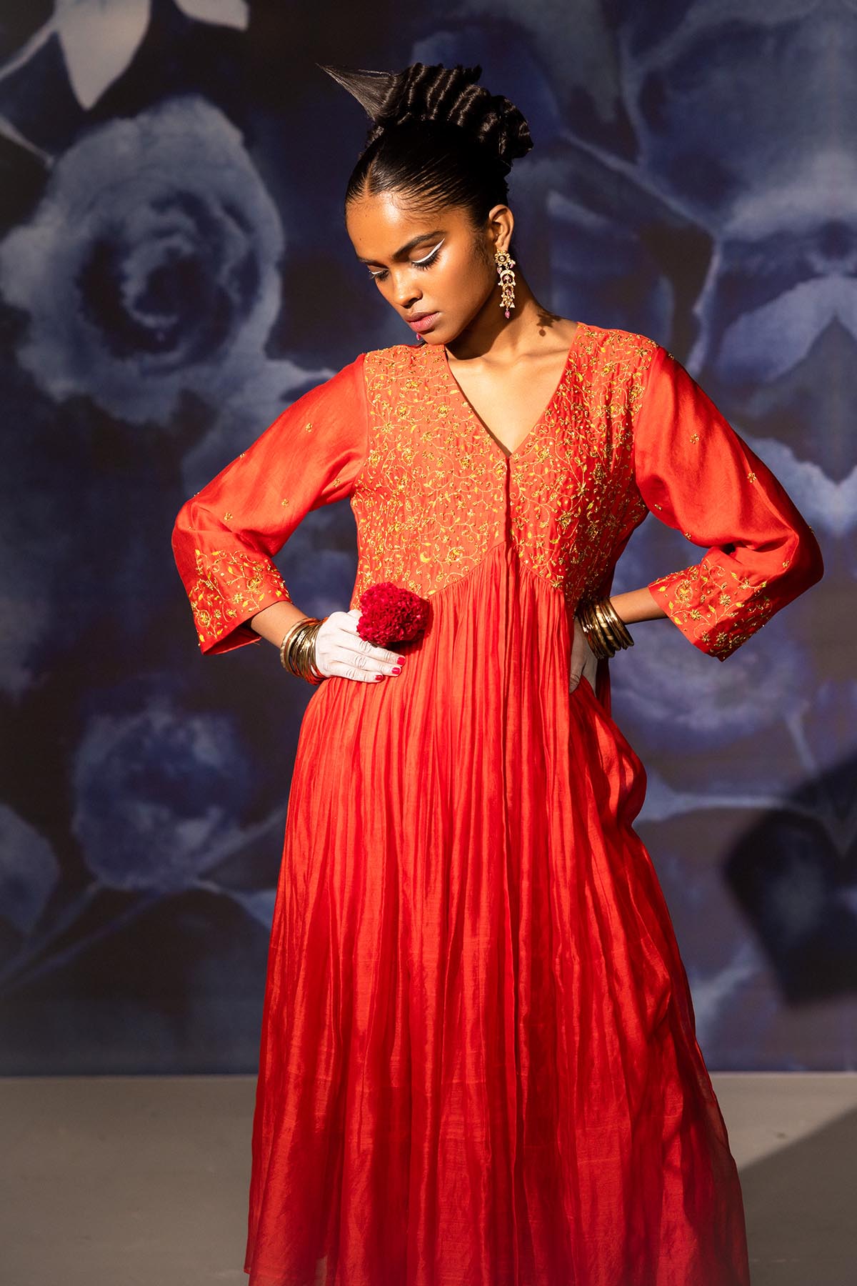 Red Chanderi Gathered Anarkali