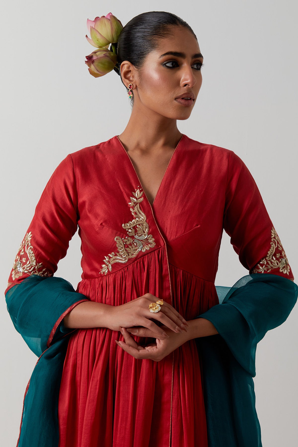 Red Chanderi Katan Anarkali Set