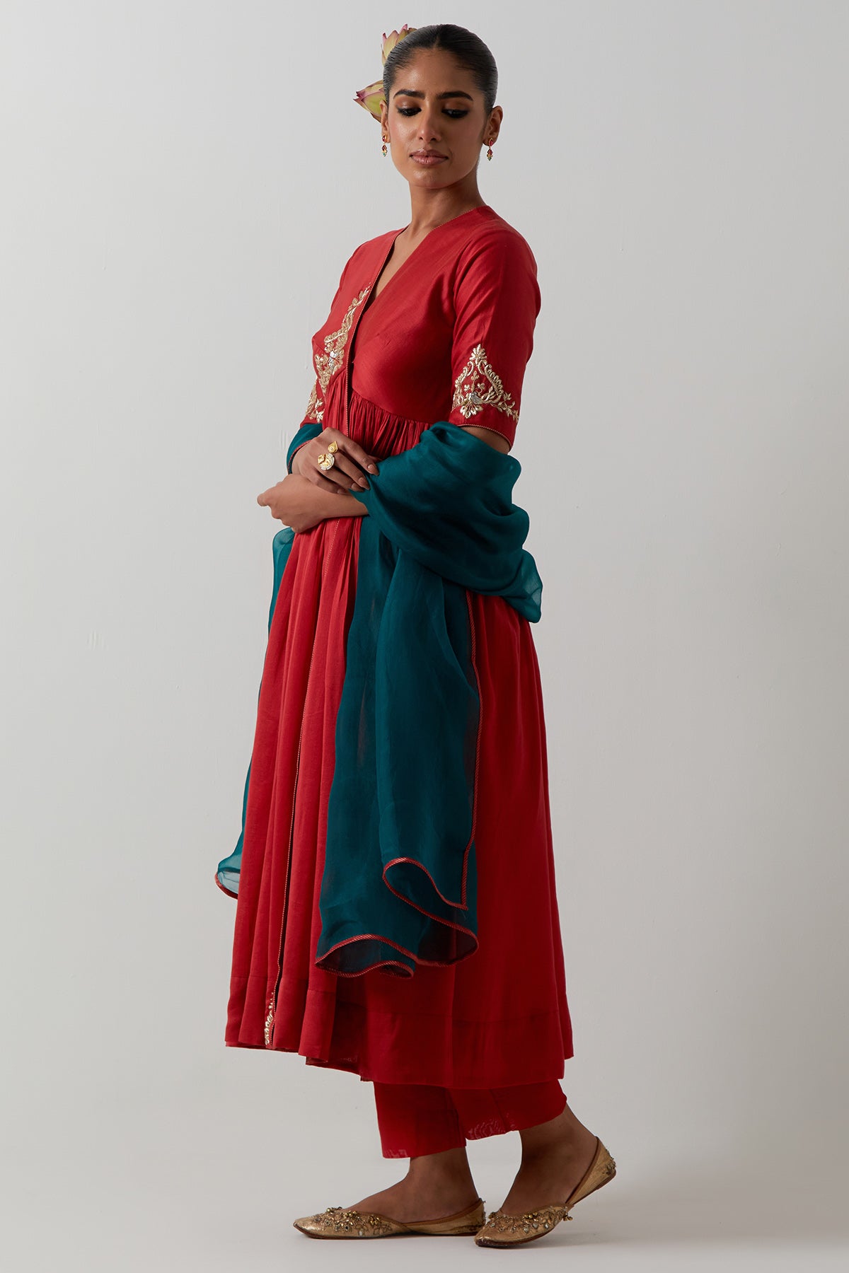 Red Chanderi Katan Anarkali Set