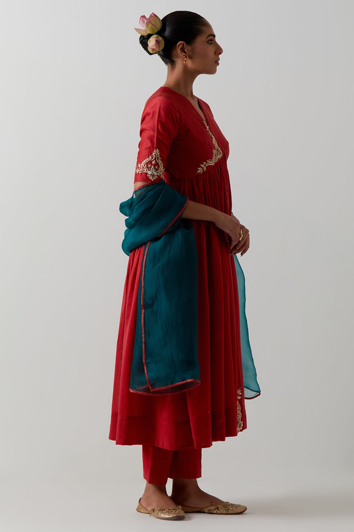Red Chanderi Katan Anarkali Set