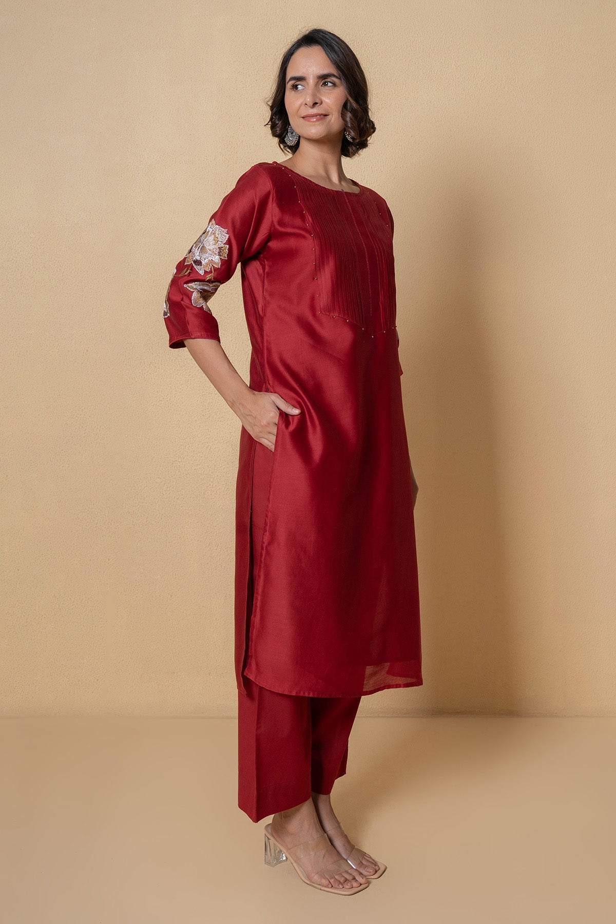 Buy Red Chanderi Kurta And Pants for Women Online at ScrollnShops