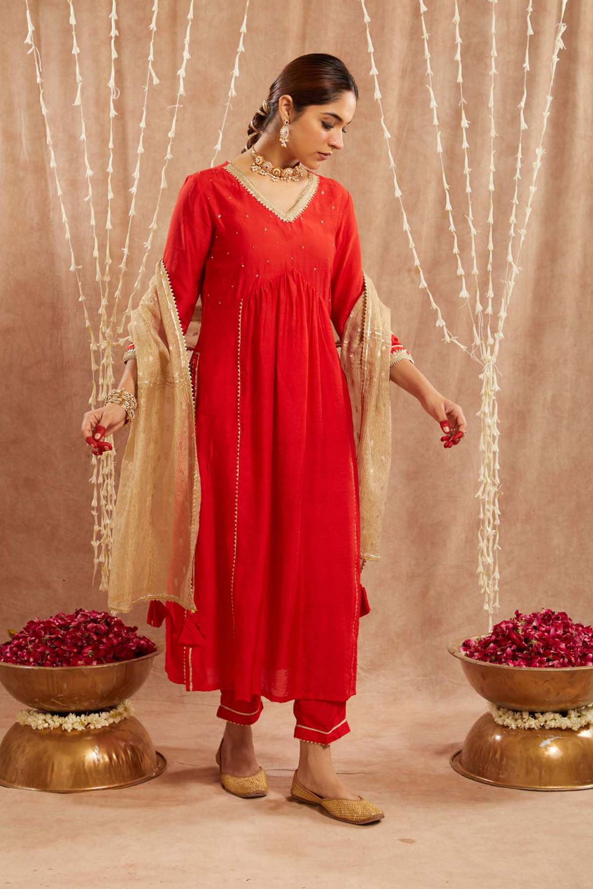 Buy Red Chanderi Lace Kurta & Pants by Nero for women online at ScrollnShops