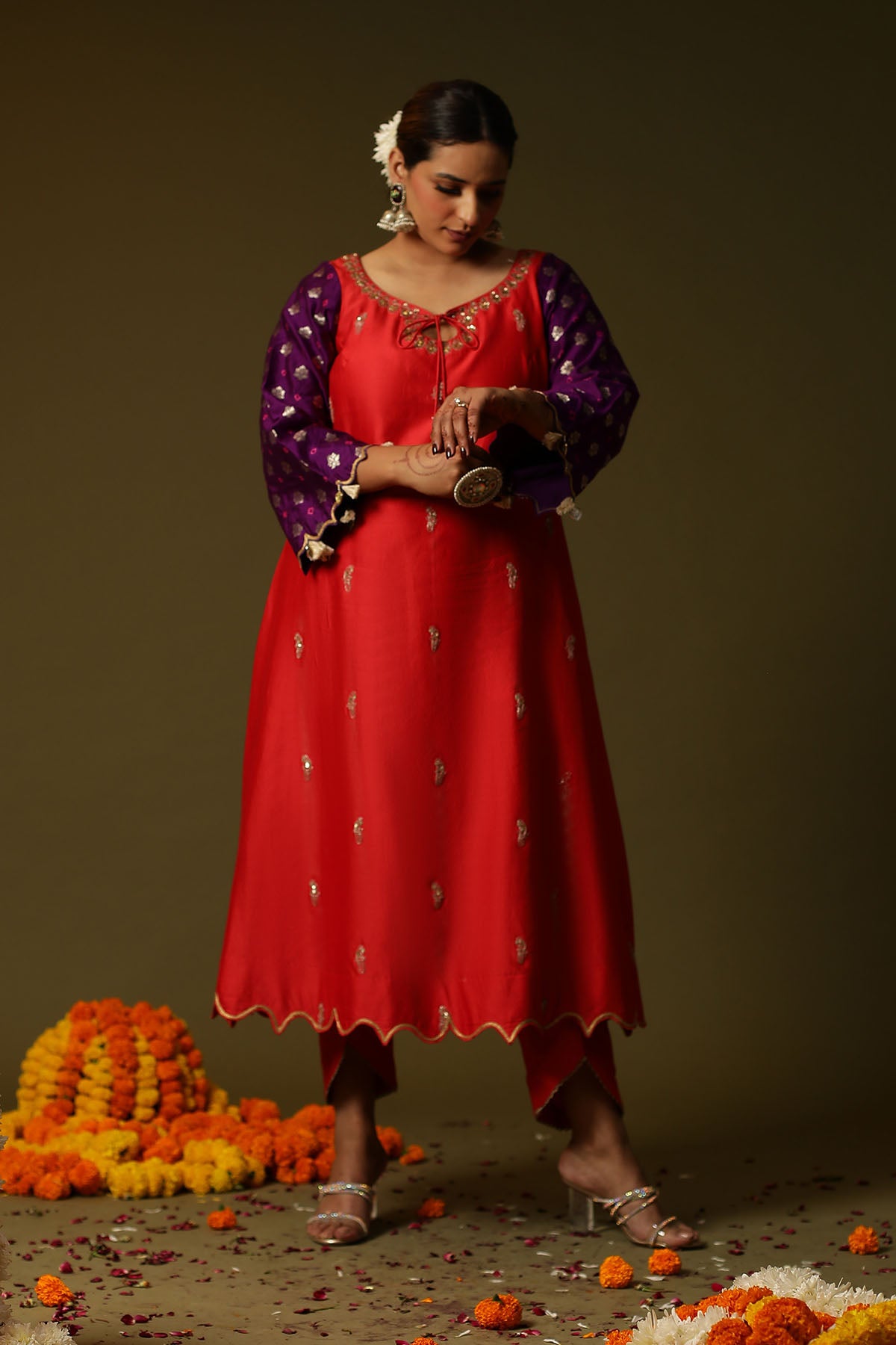 Red Chanderi Silk Long Kurta Set