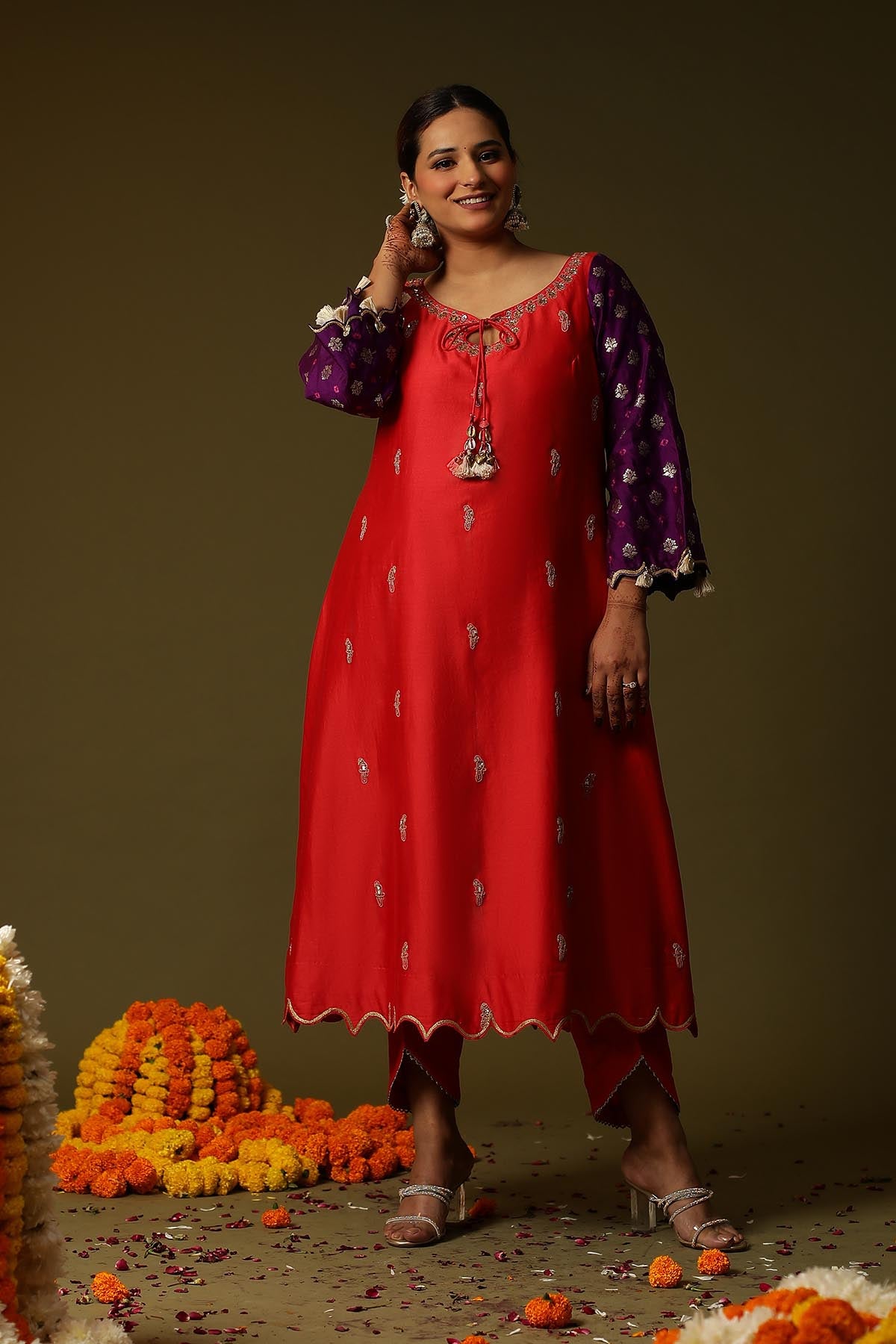 Red Chanderi Silk Long Kurta Set