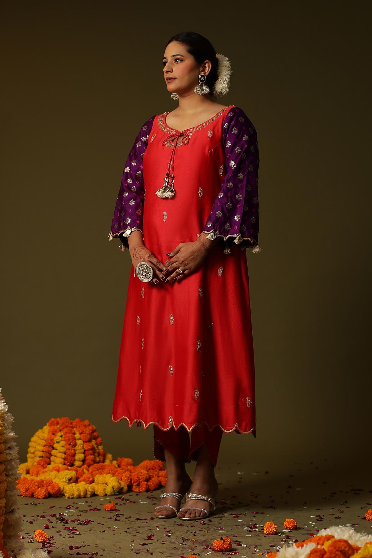 Red Chanderi Silk Long Kurta Set