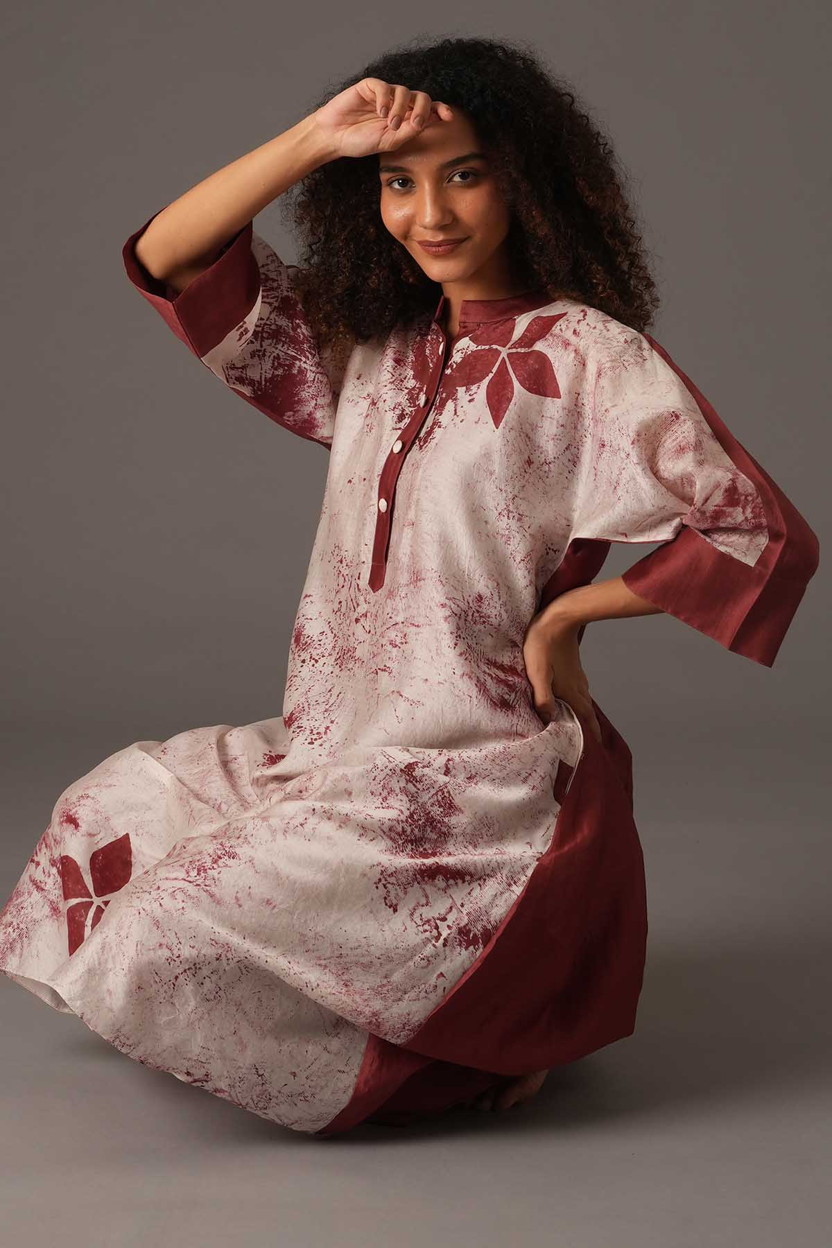 Red Chanderi Silk Print Dress