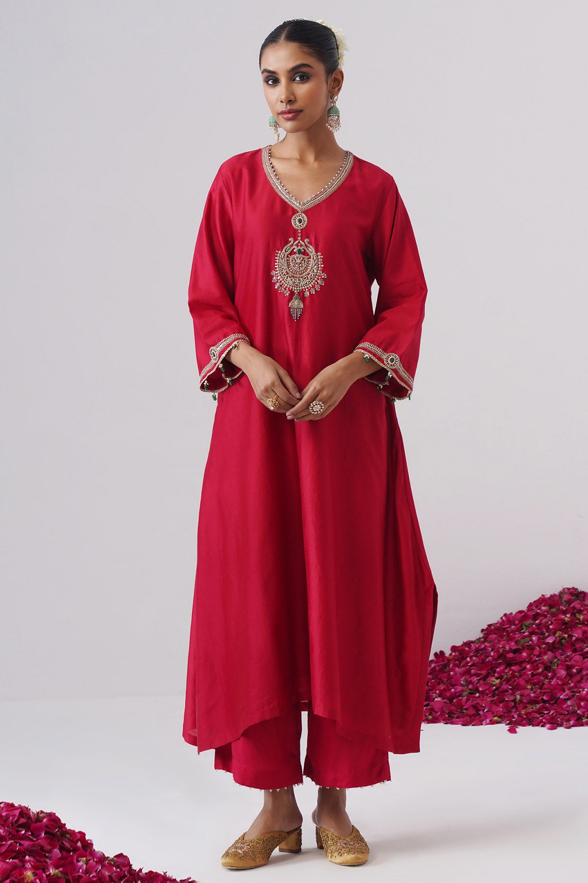 Red Chanderi Zardozi Kurta Set