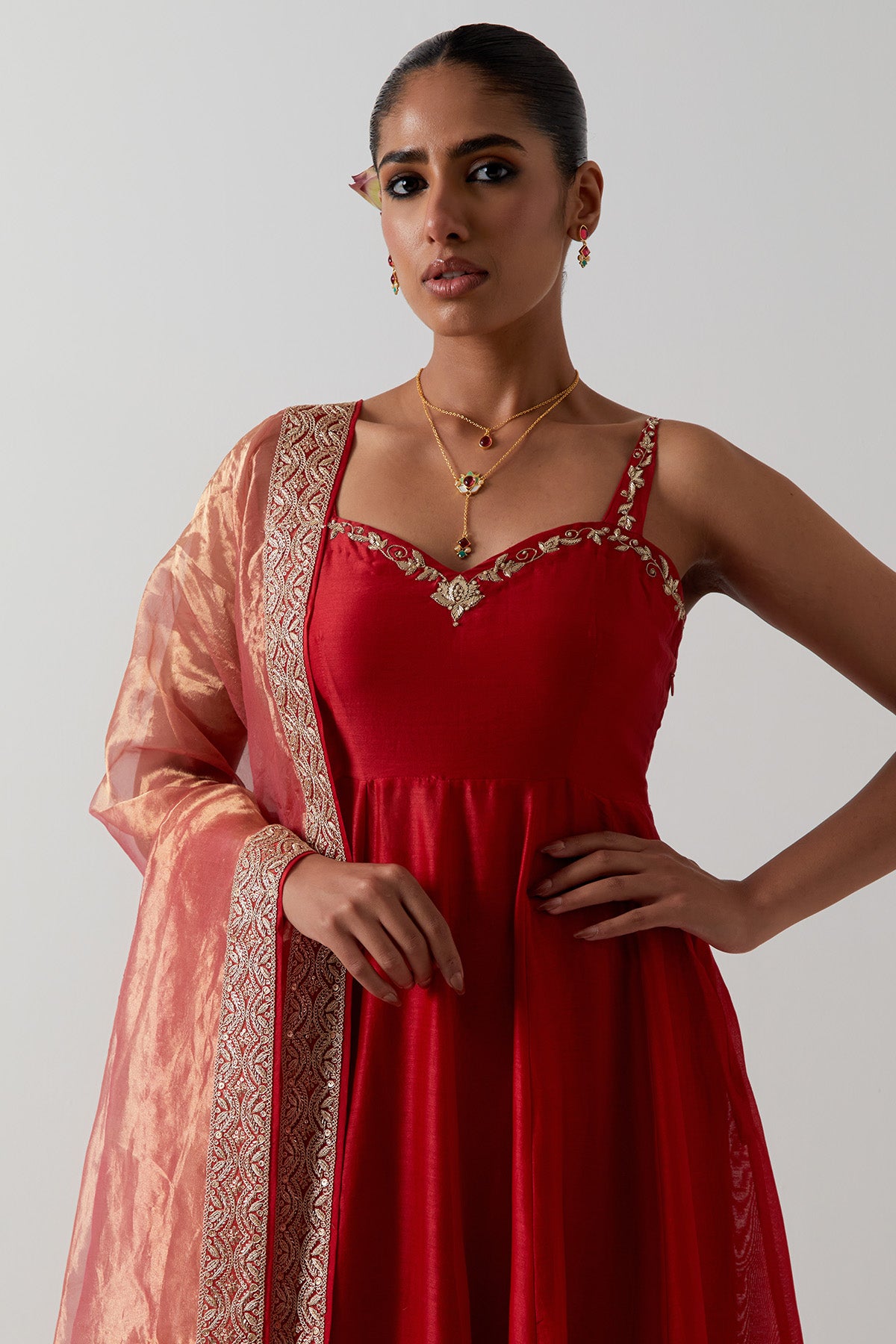 Red Chanderi Zari Anarkali Set