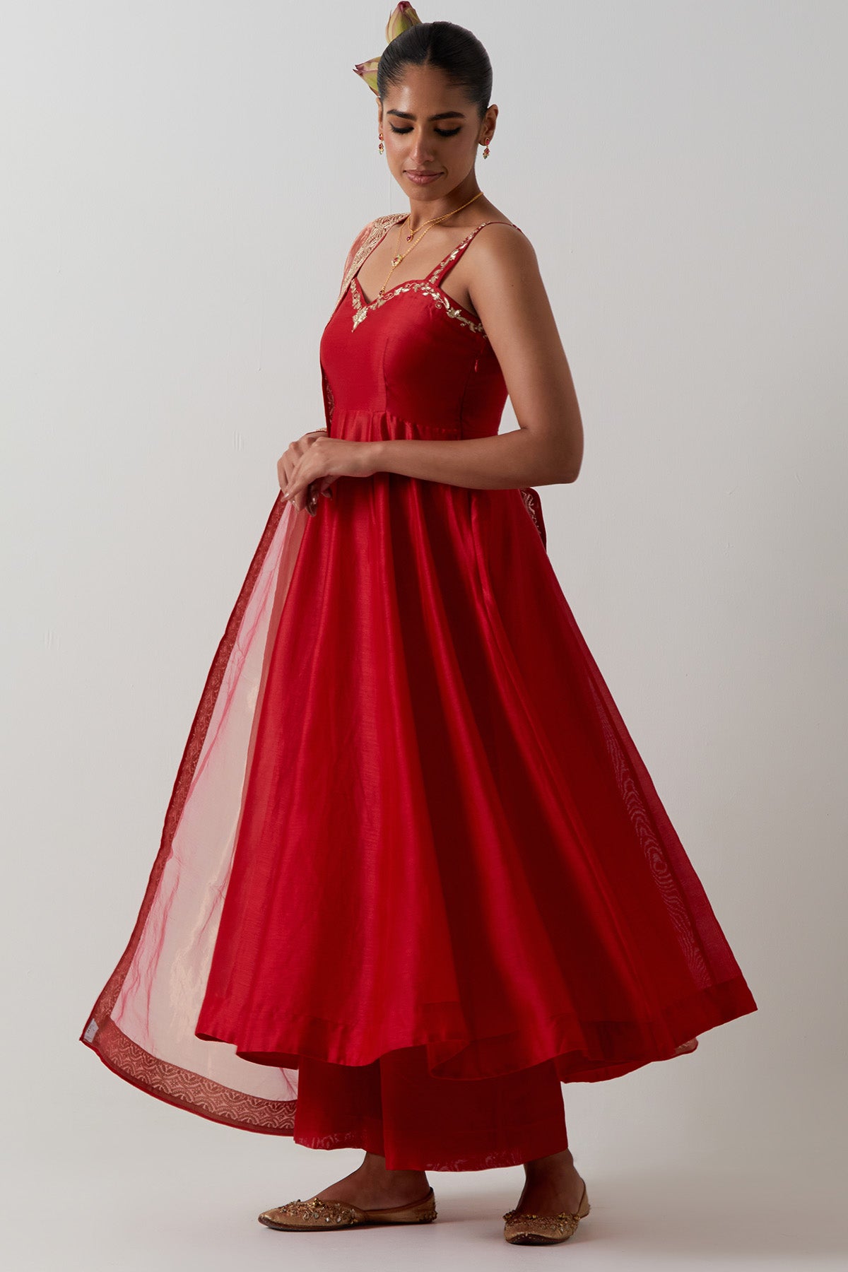 Red Chanderi Zari Anarkali Set