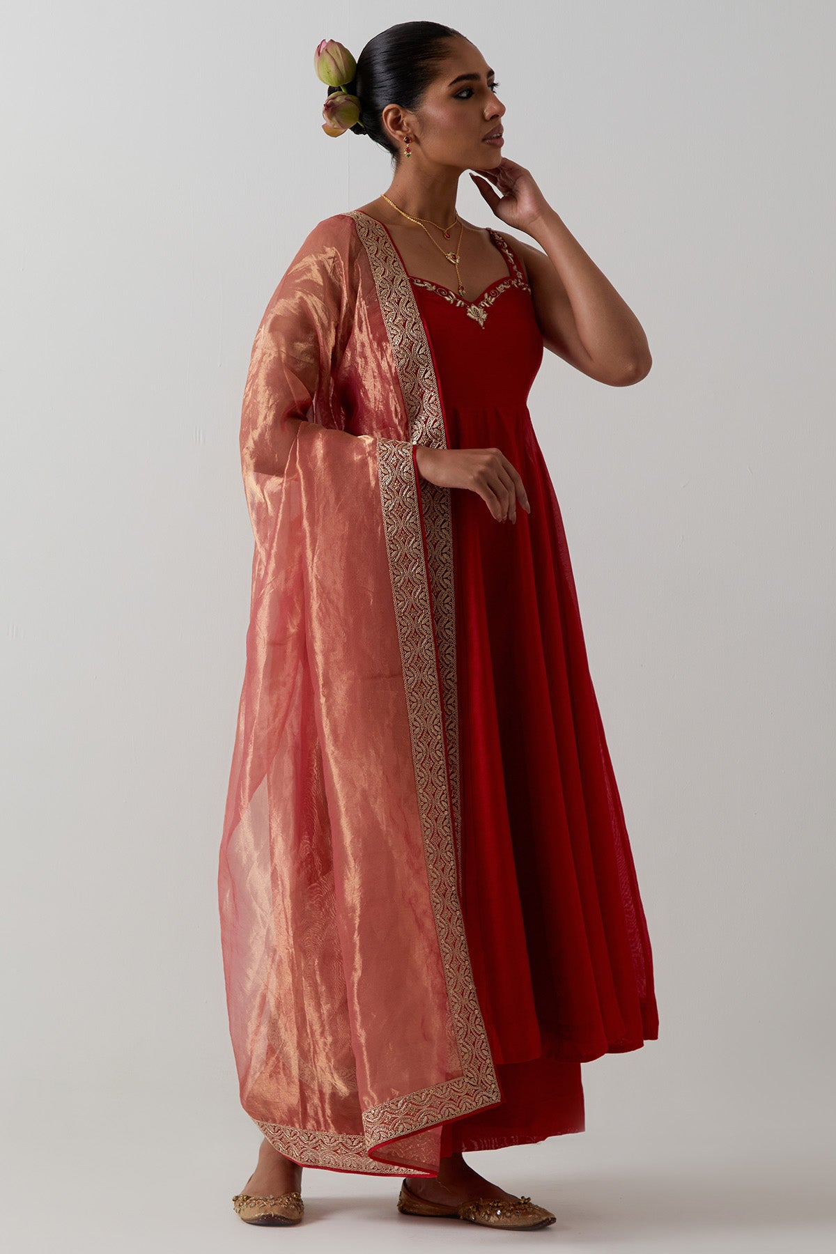 Red Chanderi Zari Anarkali Set