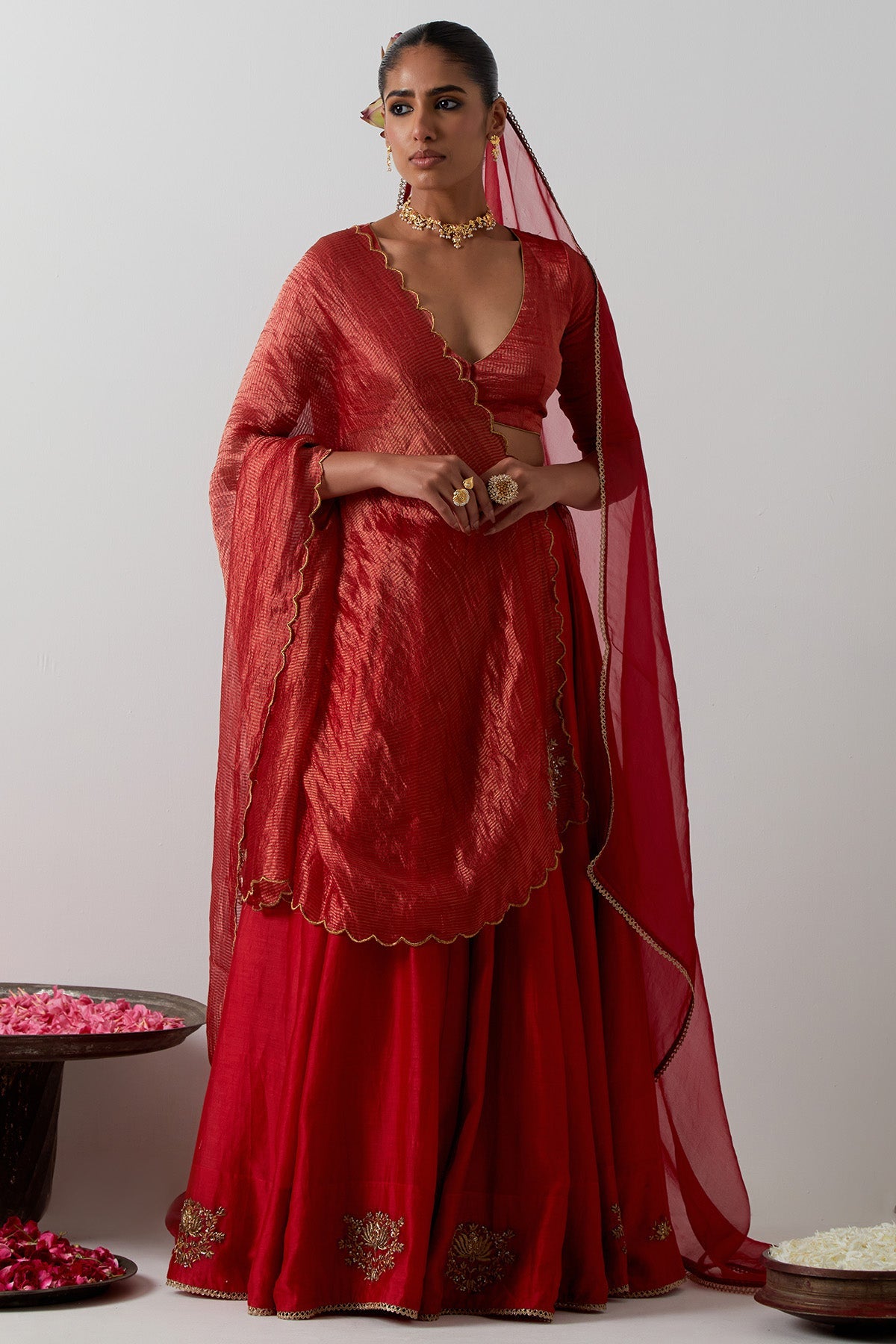 Buy Red Chanderi Zari Lehenga Set for women by Vinusto online available at scrollnshops