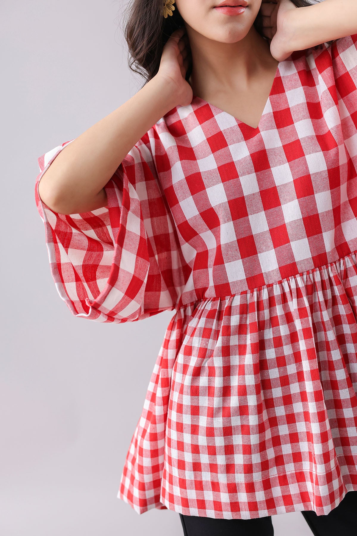 Red Checked Flared Kimono Top