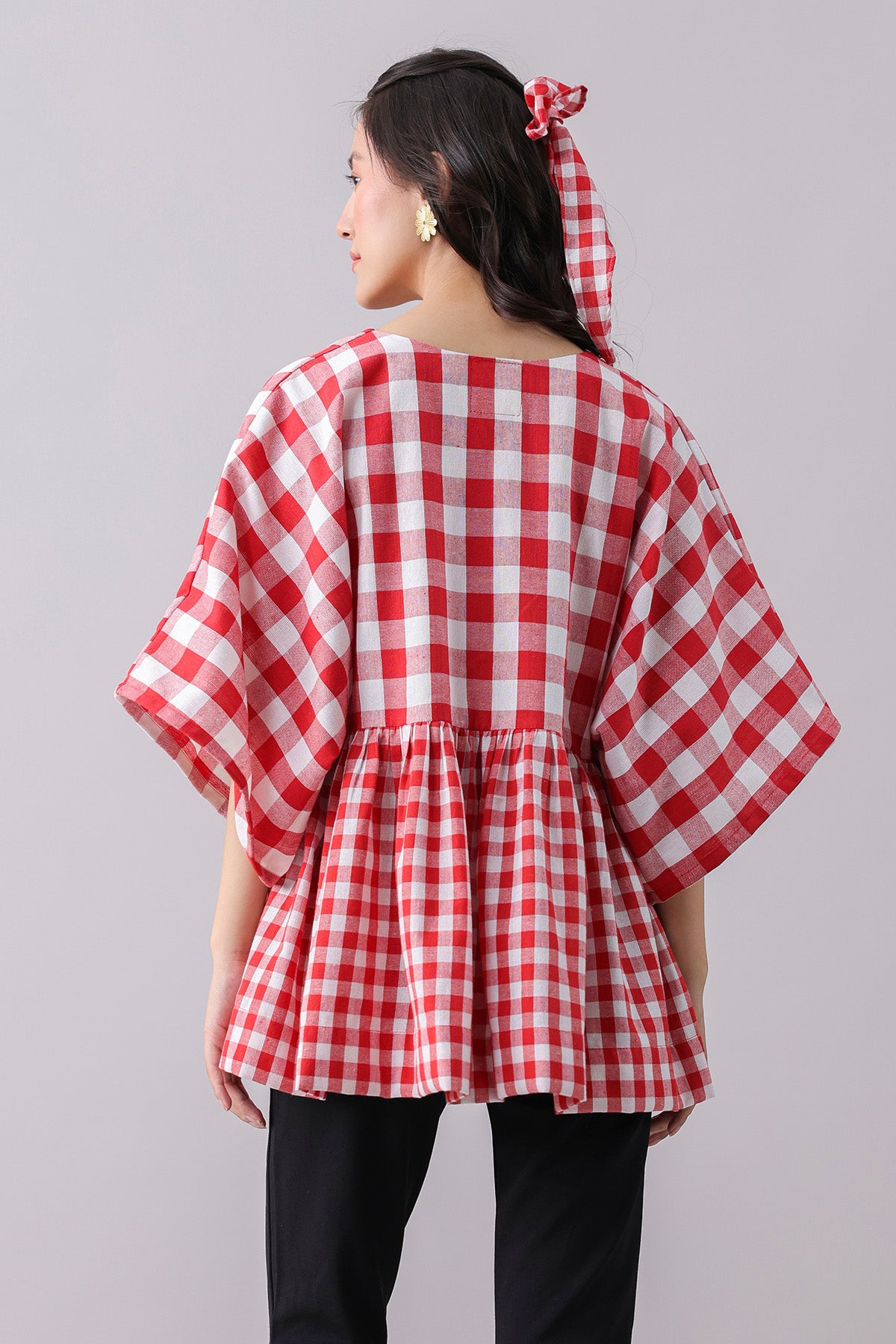 Red Checked Flared Kimono Top