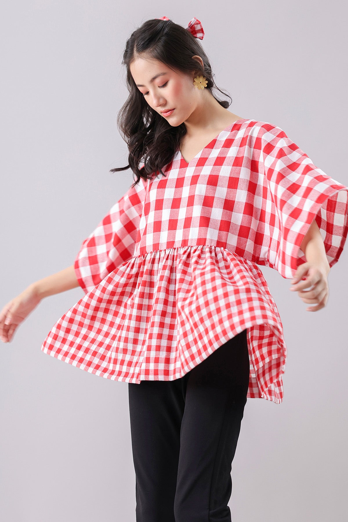 Red Checked Flared Kimono Top